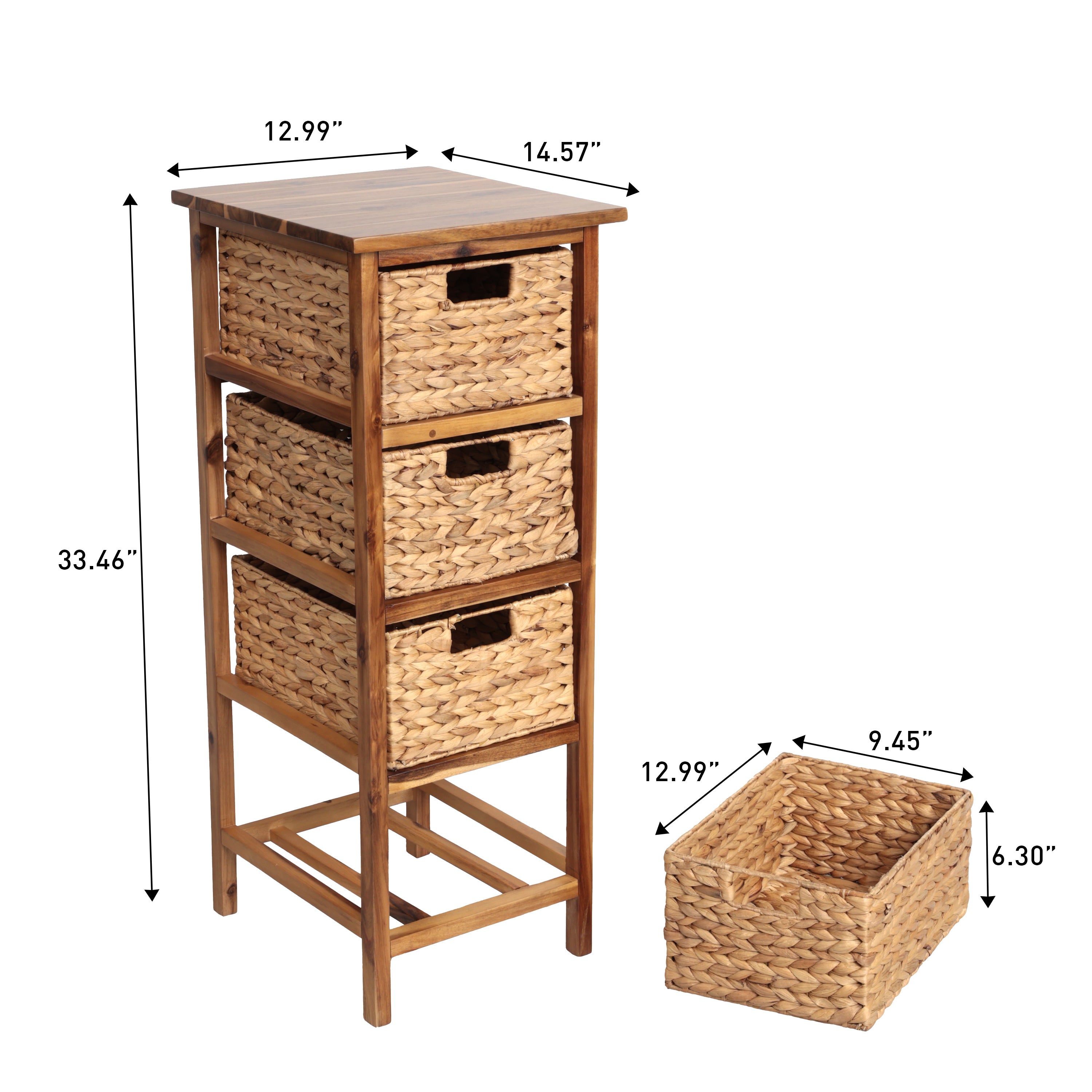 Cohen Coastal Bohemian Handcrafted Acacia Wood 4-Tier Storage Cabinet with 4 Water Hyacinth Woven Baskets