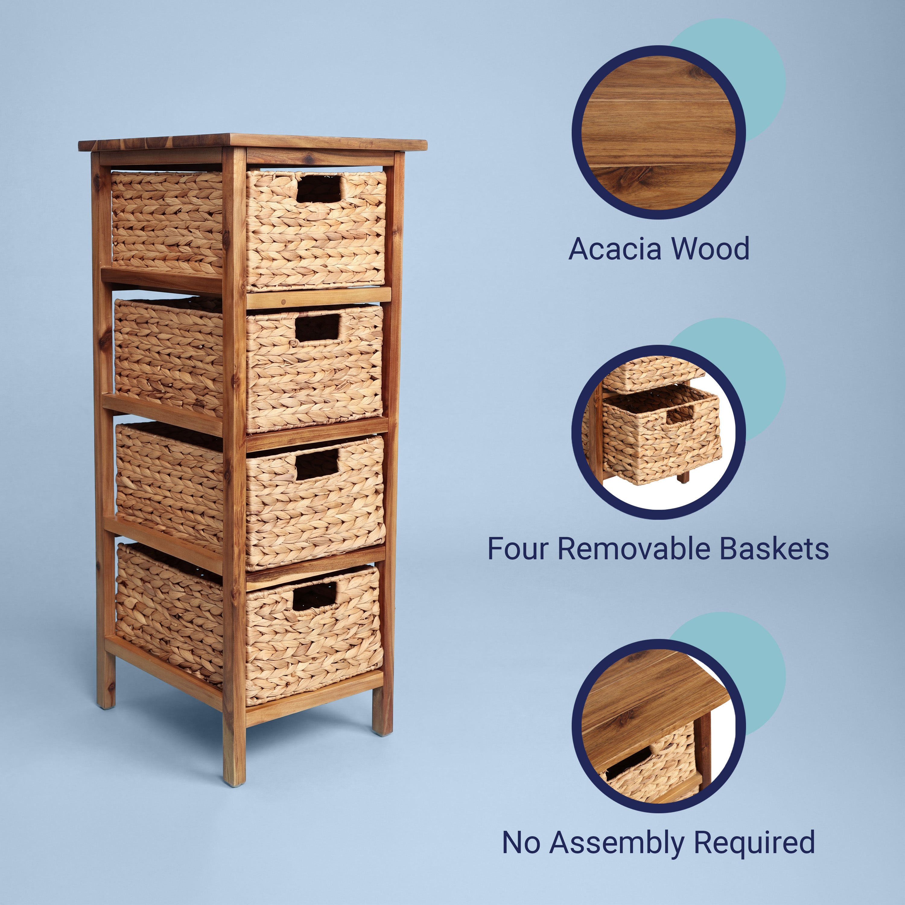 Cohen Coastal Bohemian Handcrafted Acacia Wood 4-Tier Storage Cabinet with 4 Water Hyacinth Woven Baskets