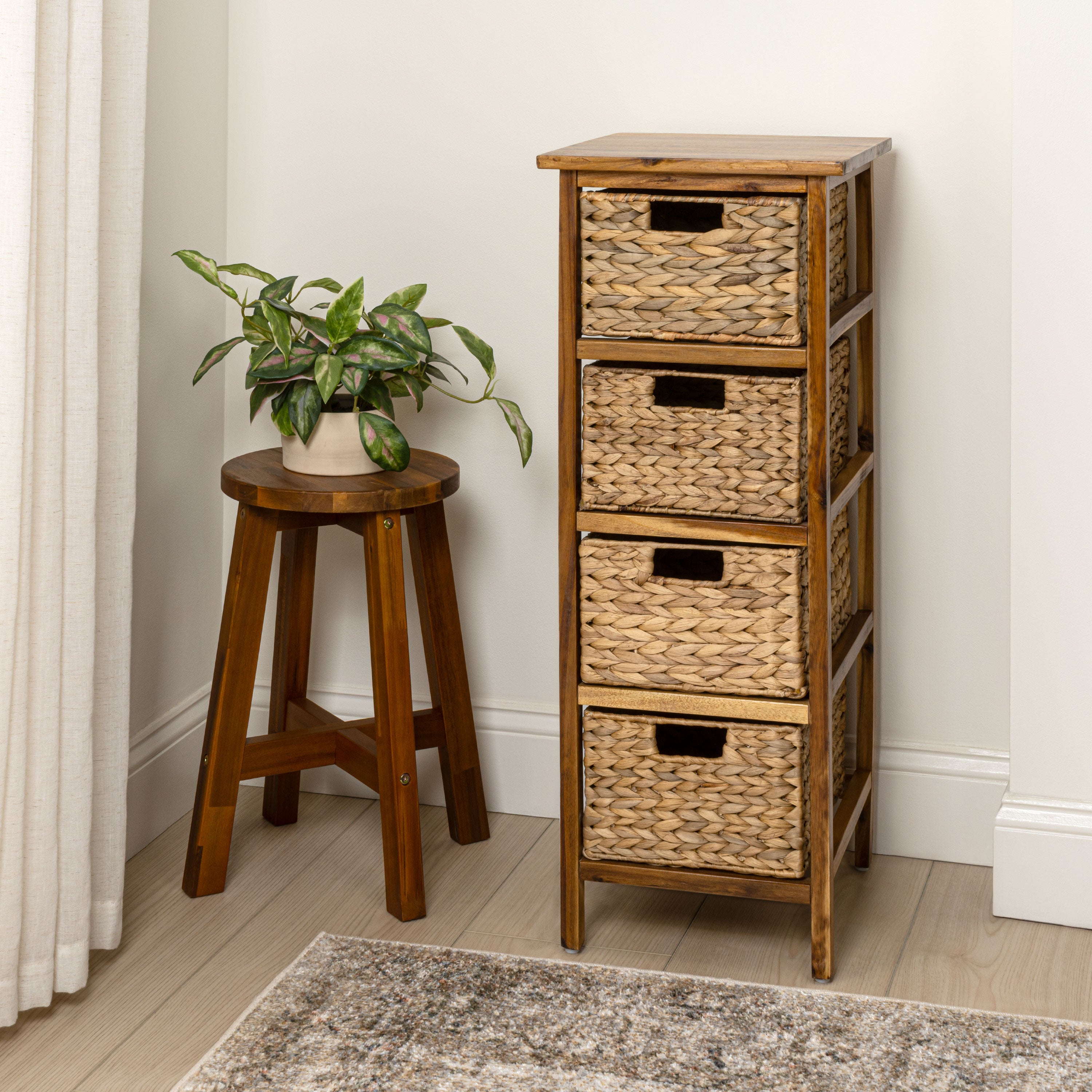 Cohen Coastal Bohemian Handcrafted Acacia Wood 4-Tier Storage Cabinet with 4 Water Hyacinth Woven Baskets