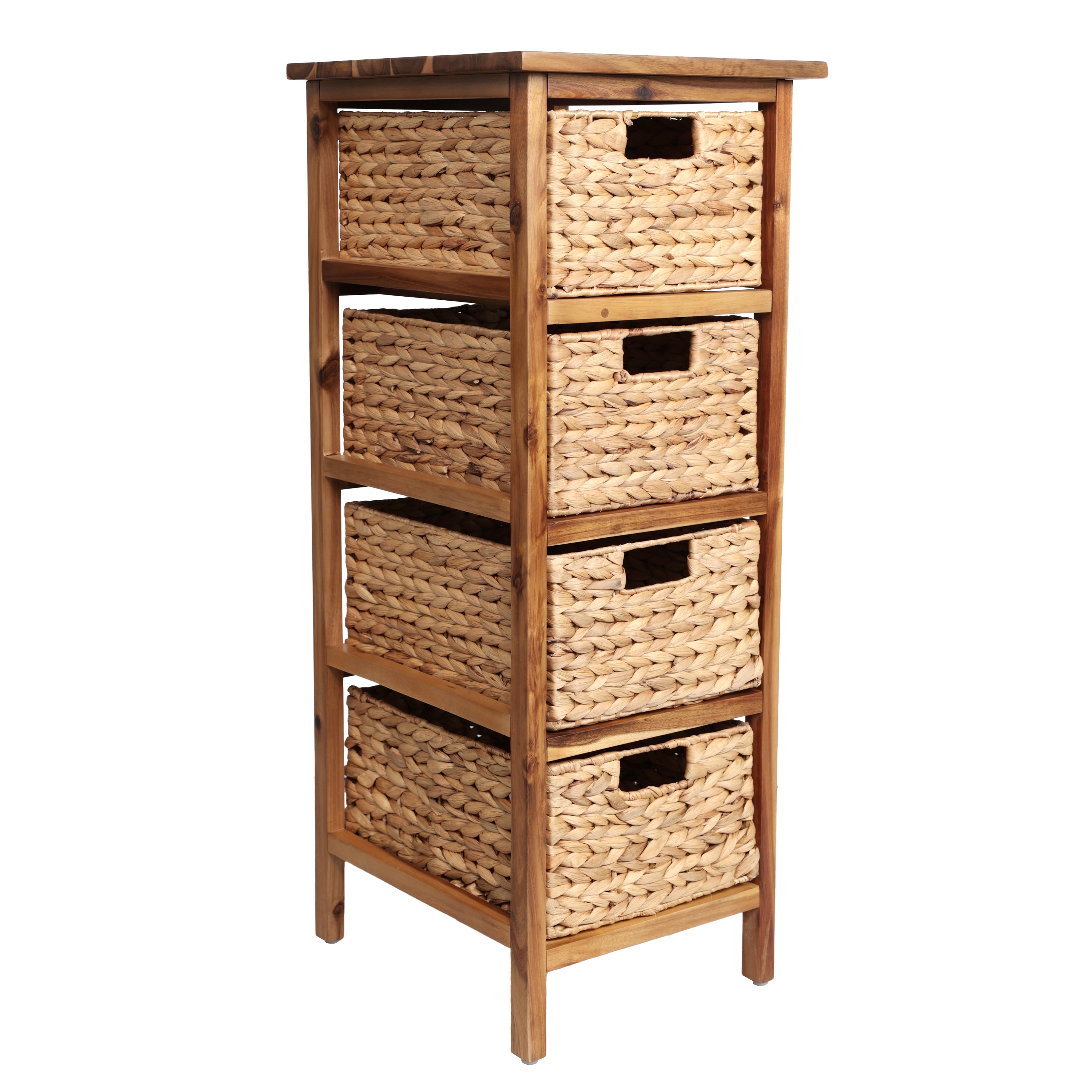 Cohen Coastal Bohemian Handcrafted Acacia Wood 4-Tier Storage Cabinet with 4 Water Hyacinth Woven Baskets