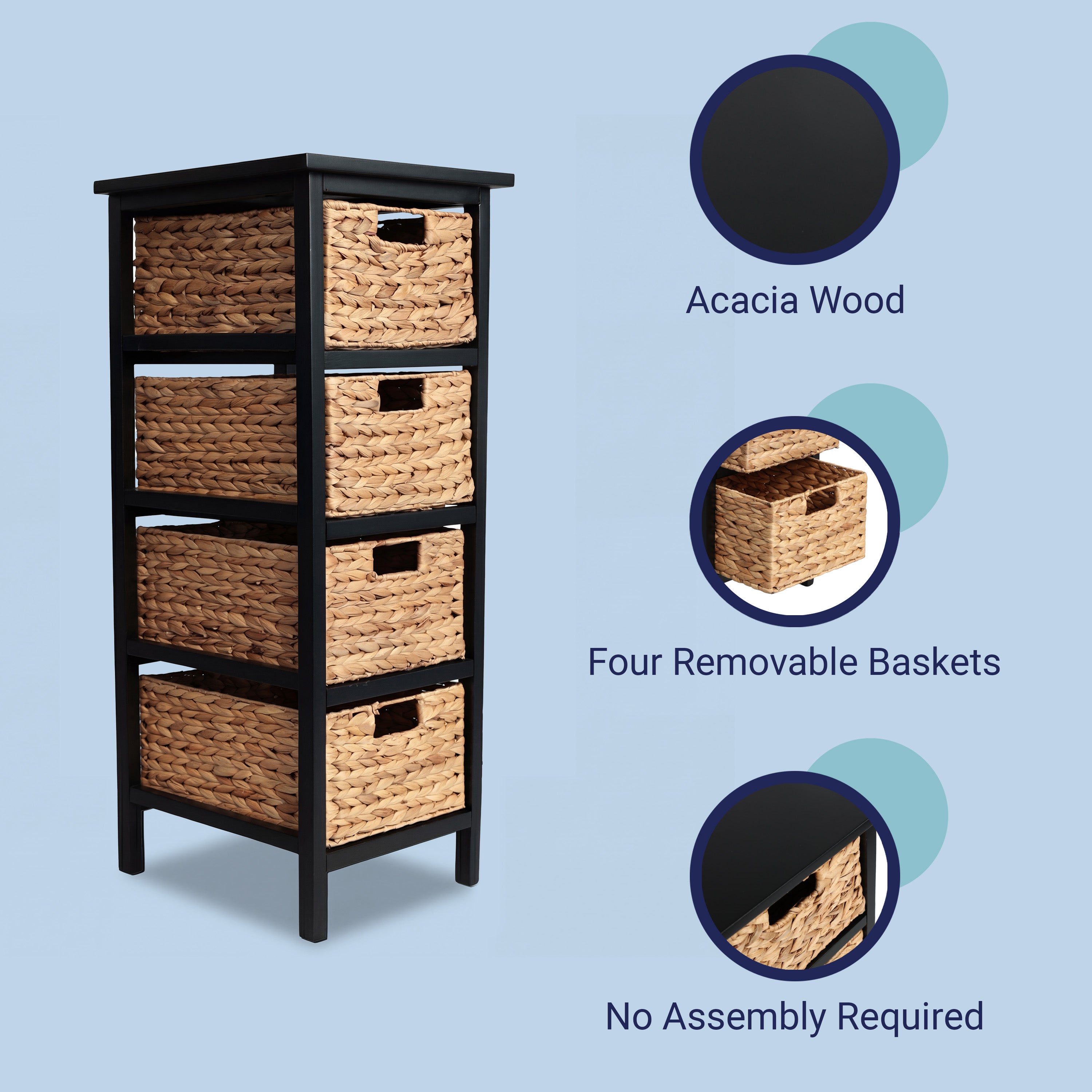 Cohen Coastal Bohemian Handcrafted Acacia Wood 4-Tier Storage Cabinet with 4 Water Hyacinth Woven Baskets