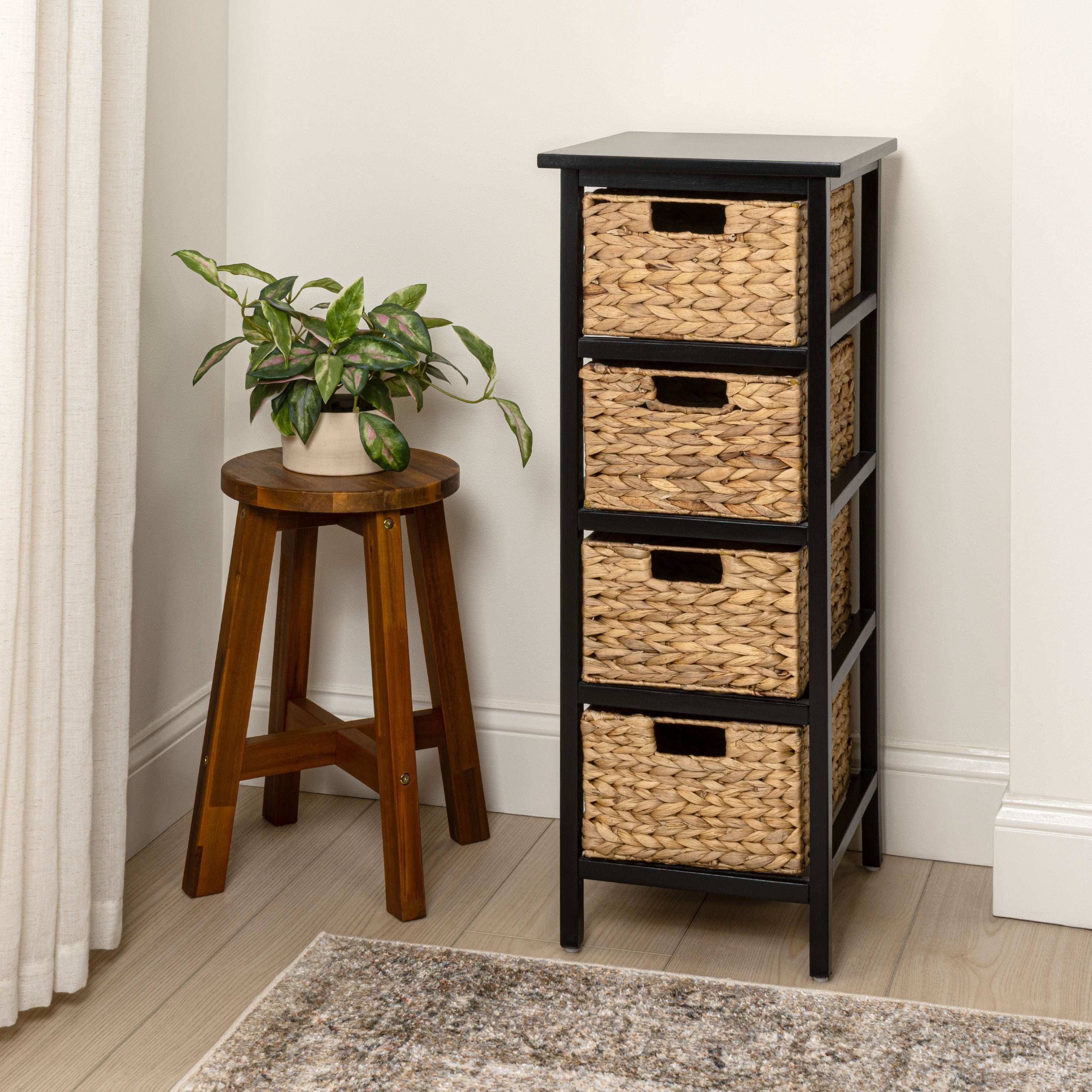 Cohen Coastal Bohemian Handcrafted Acacia Wood 4-Tier Storage Cabinet with 4 Water Hyacinth Woven Baskets
