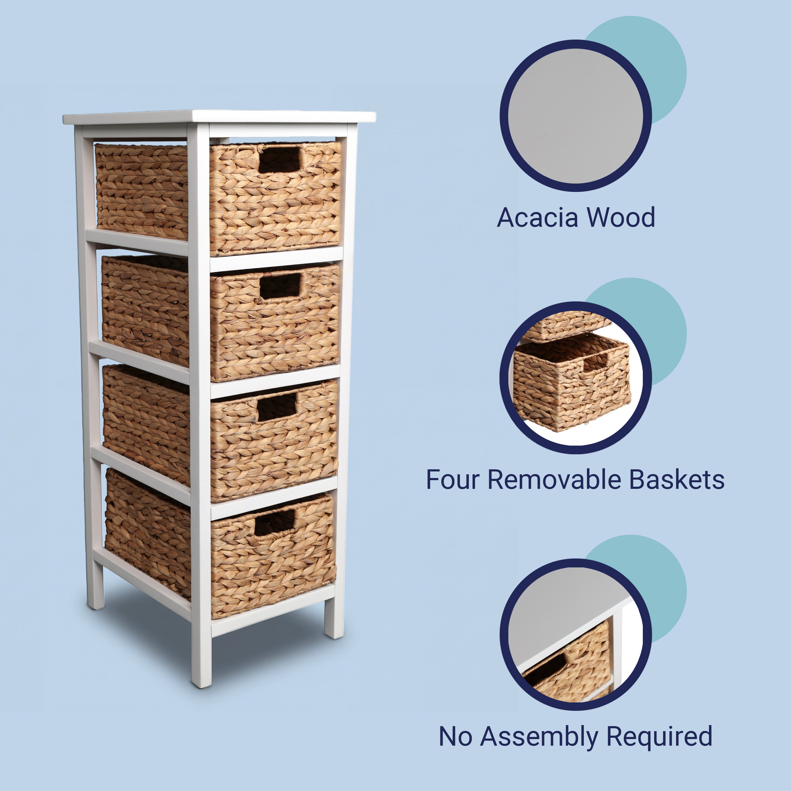 Cohen Coastal Bohemian Handcrafted Acacia Wood 4-Tier Storage Cabinet with 4 Water Hyacinth Woven Baskets