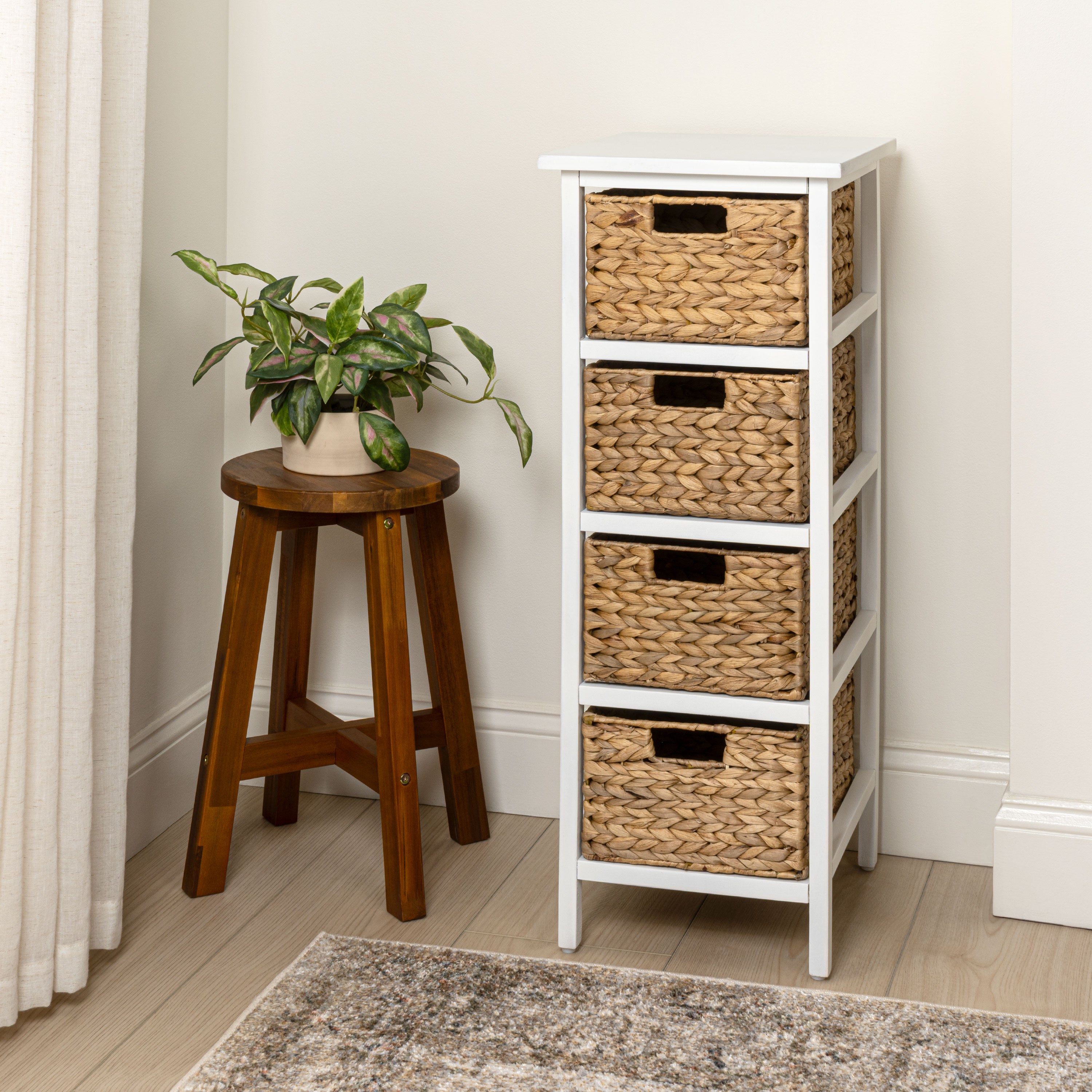 Cohen Coastal Bohemian Handcrafted Acacia Wood 4-Tier Storage Cabinet with 4 Water Hyacinth Woven Baskets