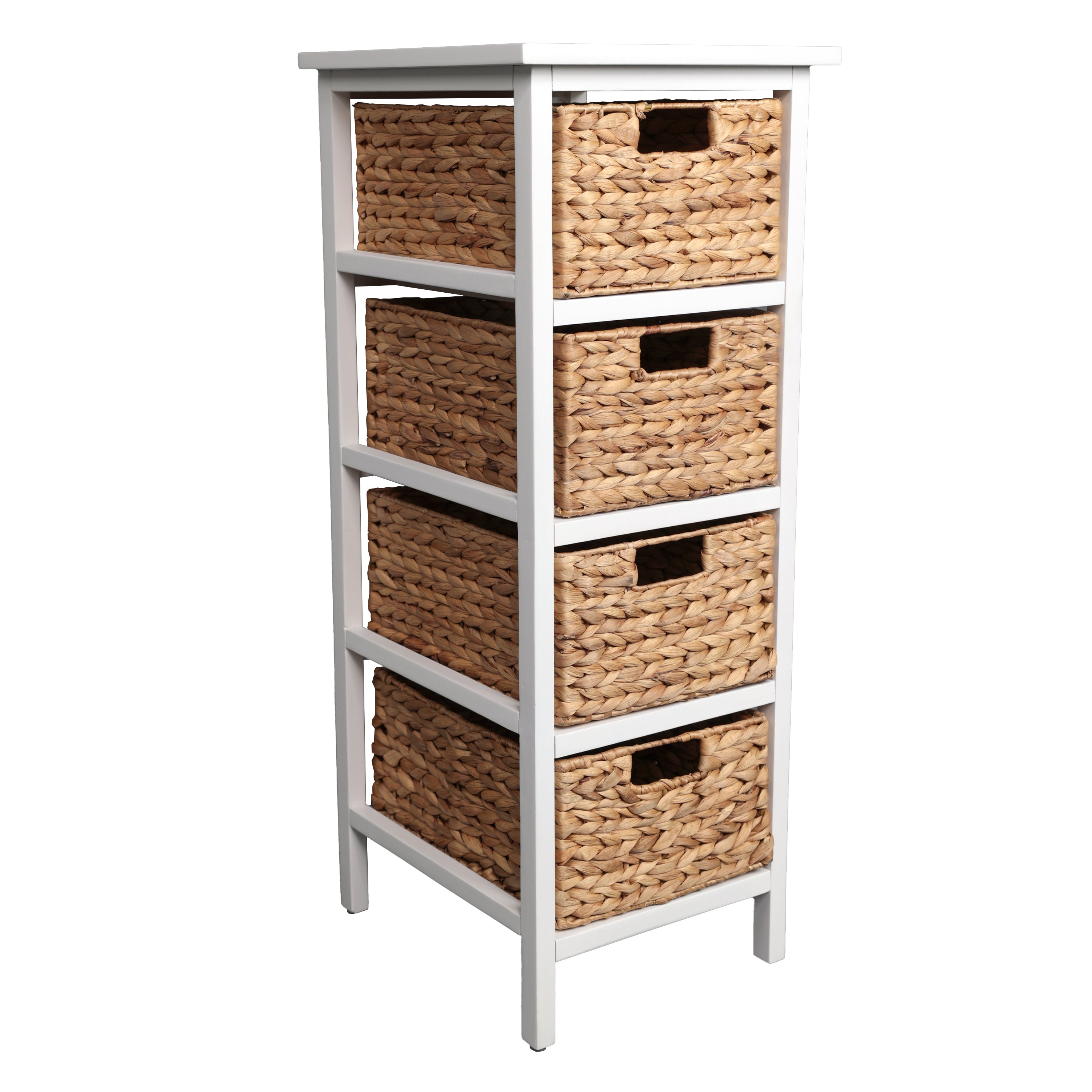 Cohen Coastal Bohemian Handcrafted Acacia Wood 4-Tier Storage Cabinet with 4 Water Hyacinth Woven Baskets