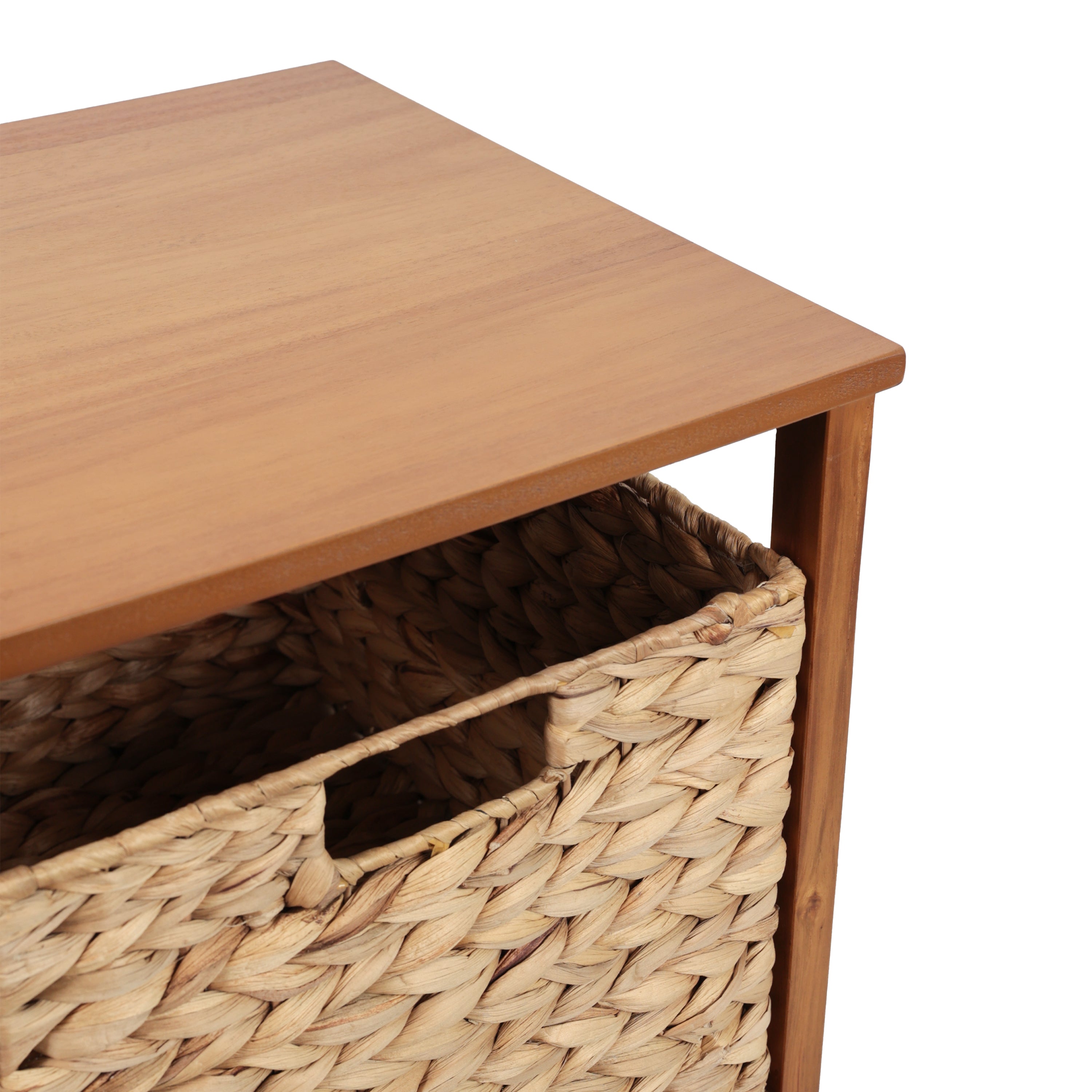Cohen Coastal Bohemian Handcrafted Acacia Wood 2-Tier Storage Cabinet with 2 Water Hyacinth Woven Baskets