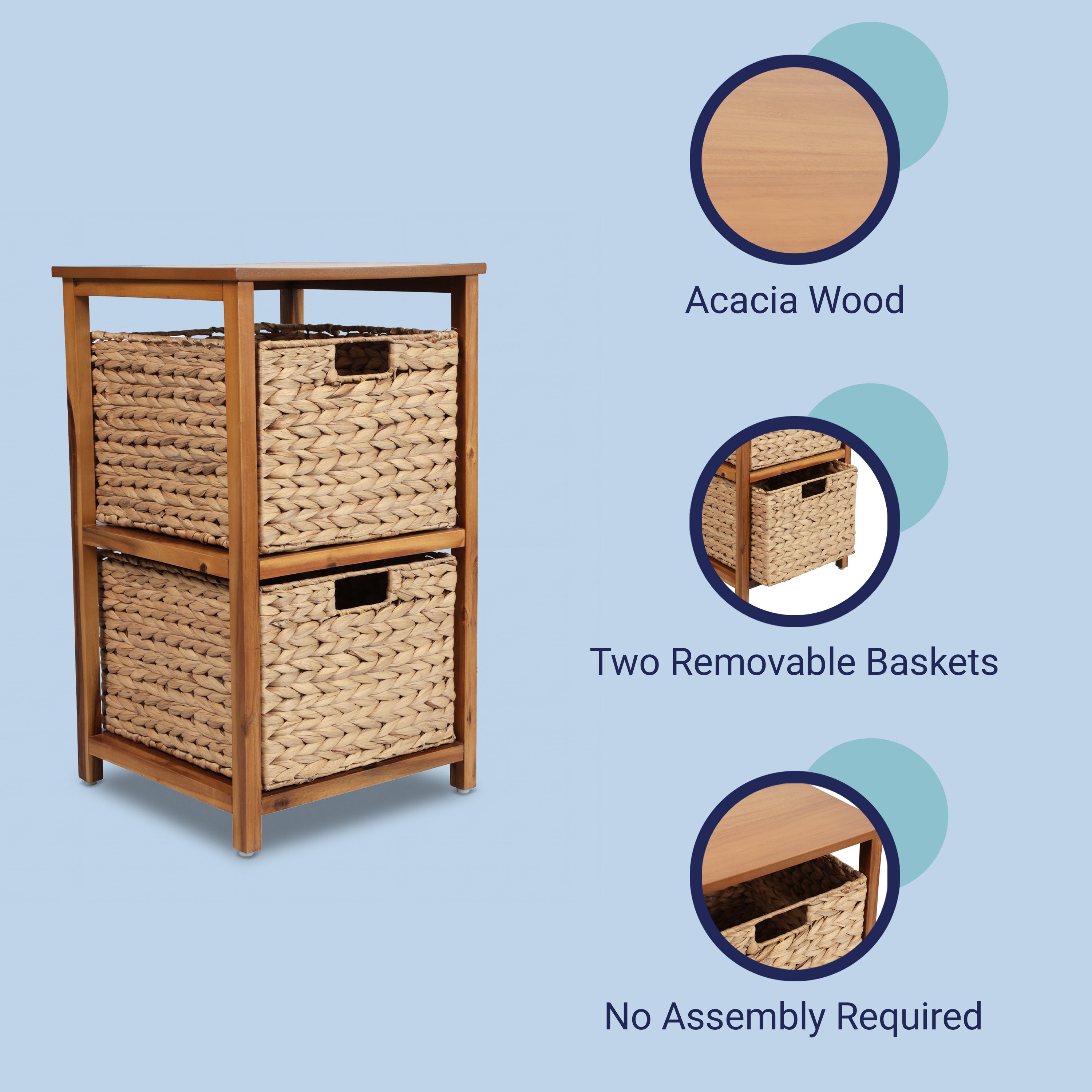 Cohen Coastal Bohemian Handcrafted Acacia Wood 2-Tier Storage Cabinet with 2 Water Hyacinth Woven Baskets