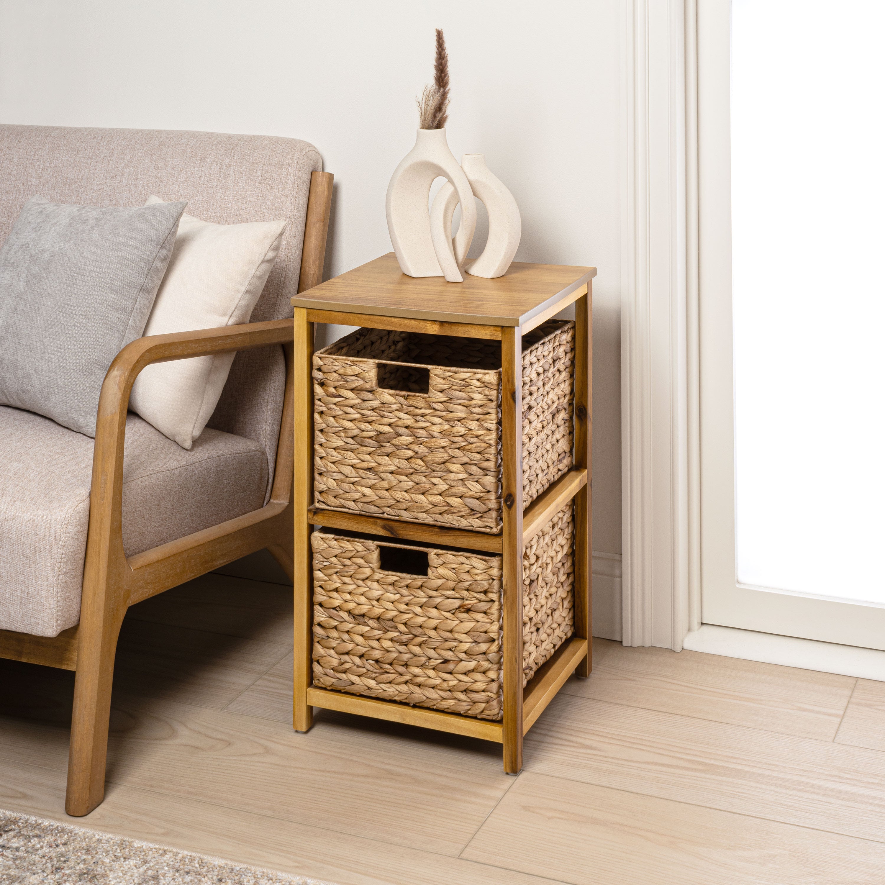 Cohen Coastal Bohemian Handcrafted Acacia Wood 2-Tier Storage Cabinet with 2 Water Hyacinth Woven Baskets