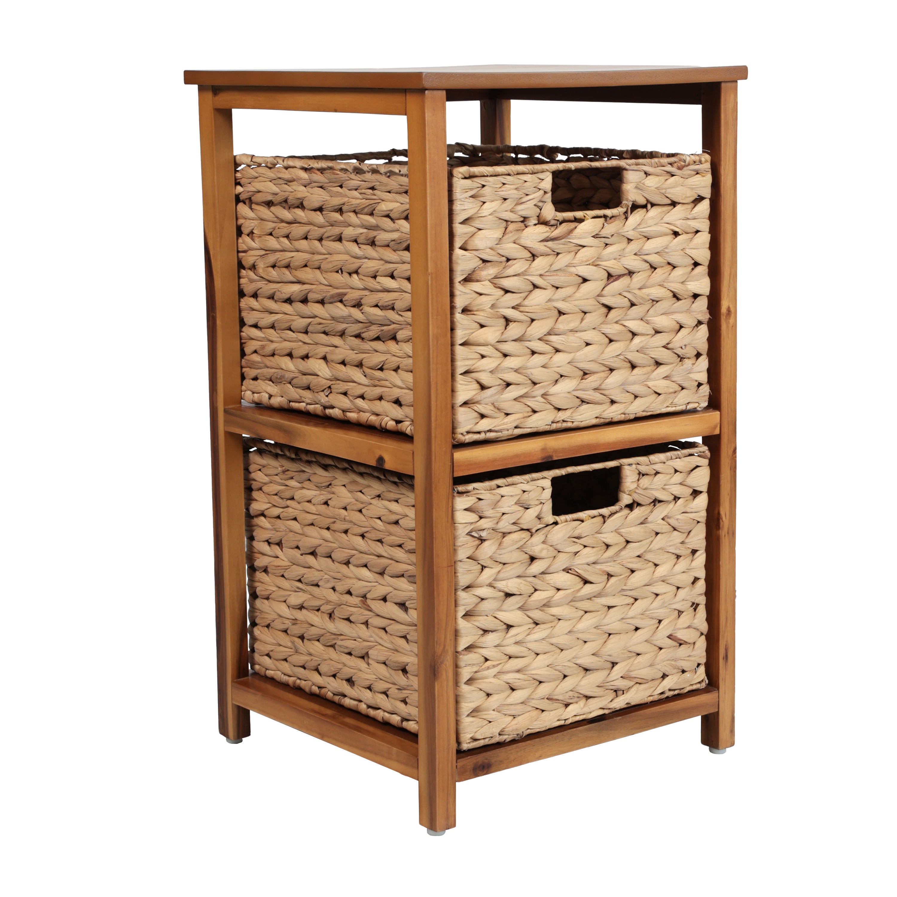 Cohen Coastal Bohemian Handcrafted Acacia Wood 2-Tier Storage Cabinet with 2 Water Hyacinth Woven Baskets