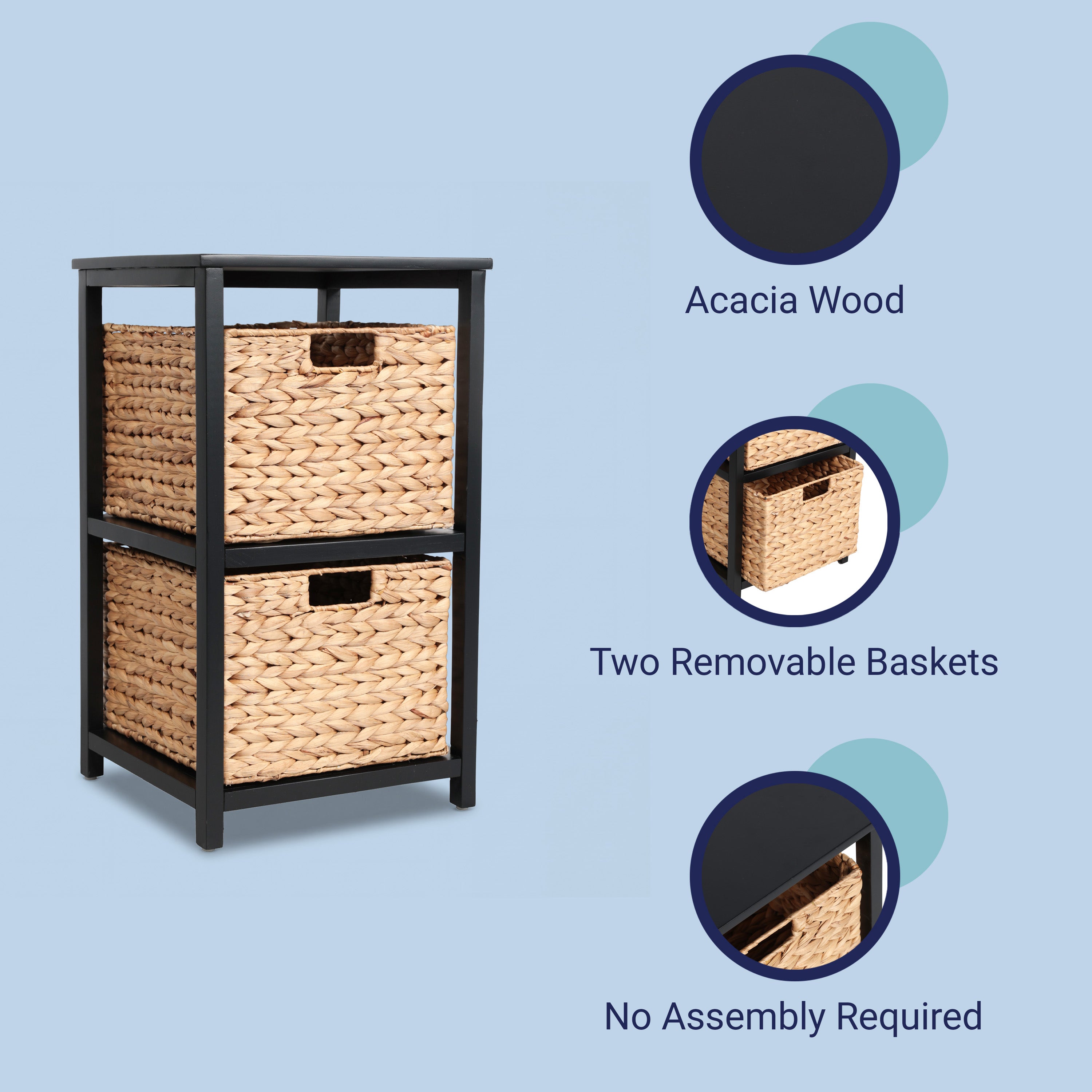 Cohen Coastal Bohemian Handcrafted Acacia Wood 2-Tier Storage Cabinet with 2 Water Hyacinth Woven Baskets