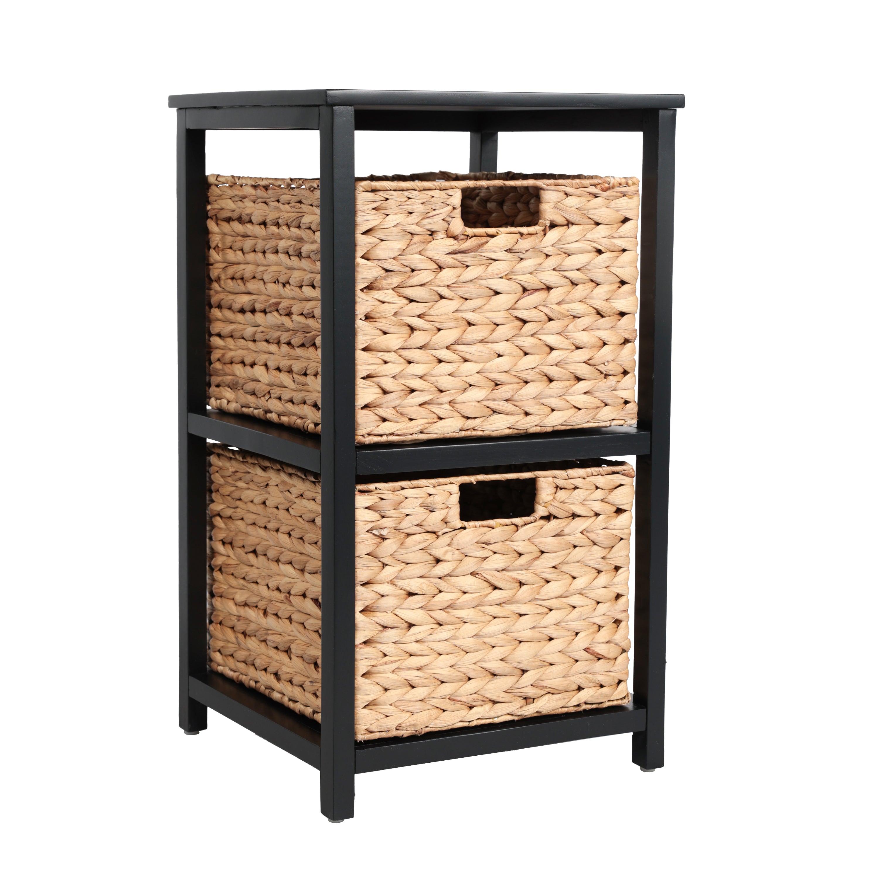 Cohen Coastal Bohemian Handcrafted Acacia Wood 2-Tier Storage Cabinet with 2 Water Hyacinth Woven Baskets