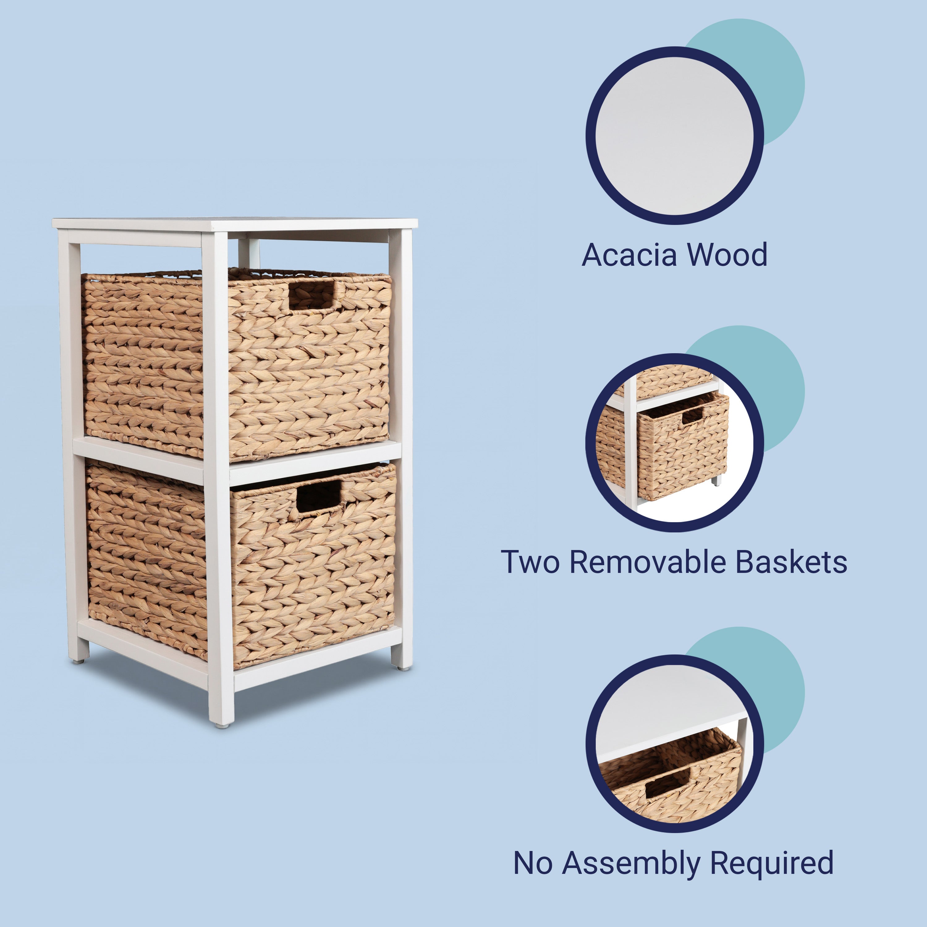 Cohen Coastal Bohemian Handcrafted Acacia Wood 2-Tier Storage Cabinet with 2 Water Hyacinth Woven Baskets