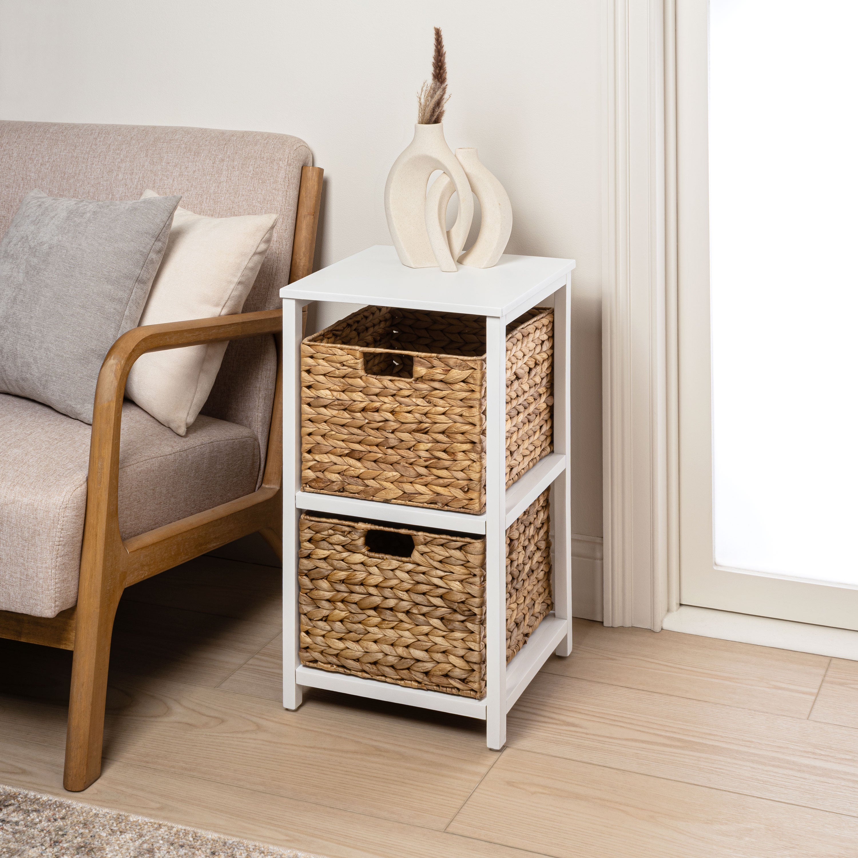 Cohen Coastal Bohemian Handcrafted Acacia Wood 2-Tier Storage Cabinet with 2 Water Hyacinth Woven Baskets