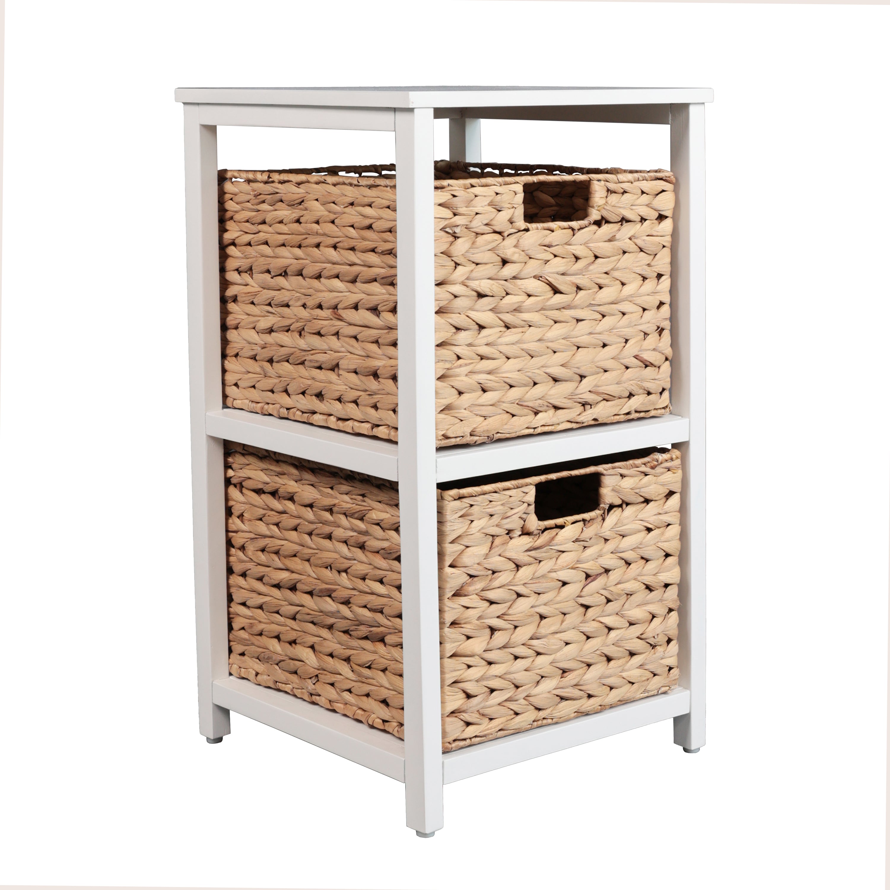 Cohen Coastal Bohemian Handcrafted Acacia Wood 2-Tier Storage Cabinet with 2 Water Hyacinth Woven Baskets