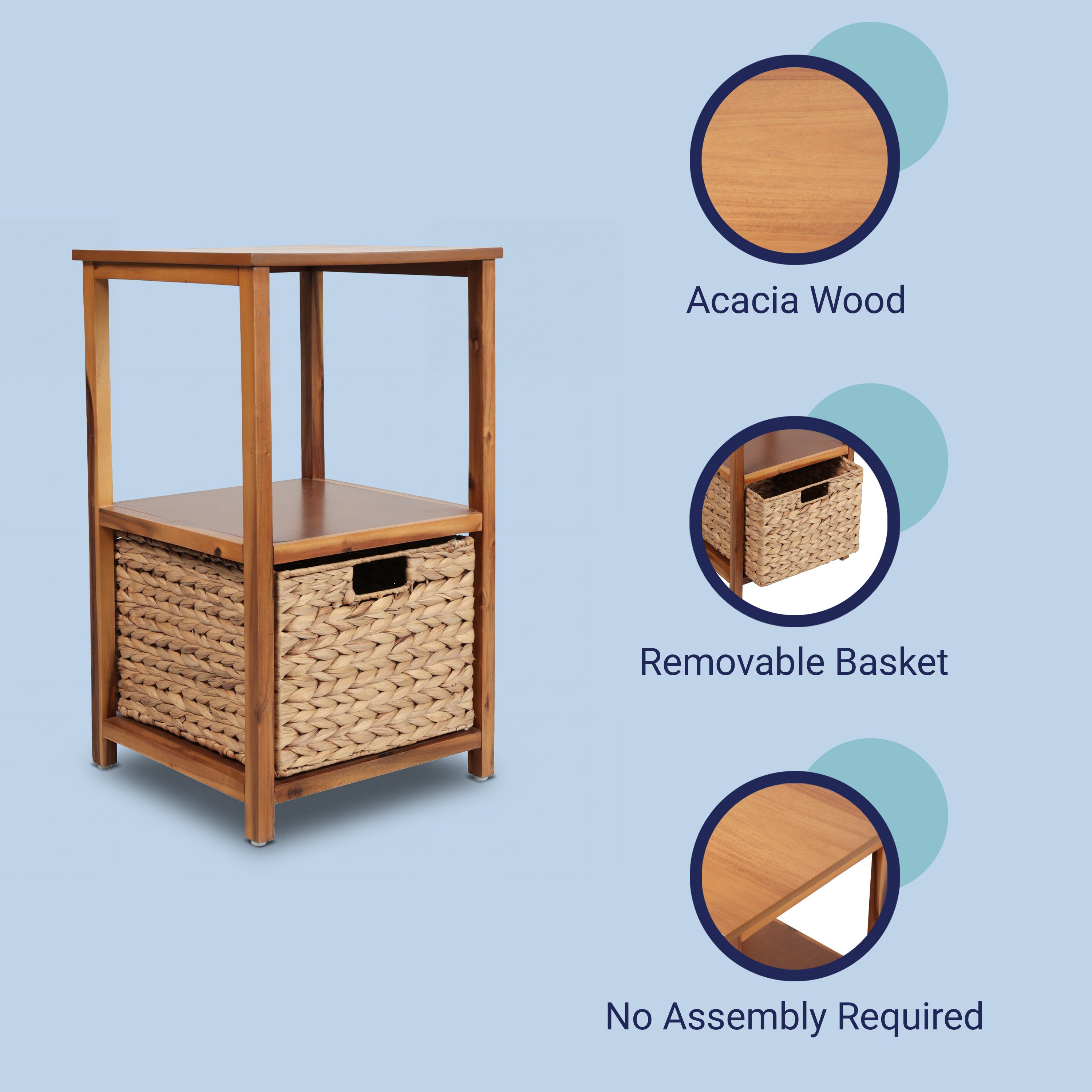 Cohen Coastal Bohemian Handcrafted Acacia Wood 2-Tier Storage Cabinet with 1 Water Hyacinth Woven Basket