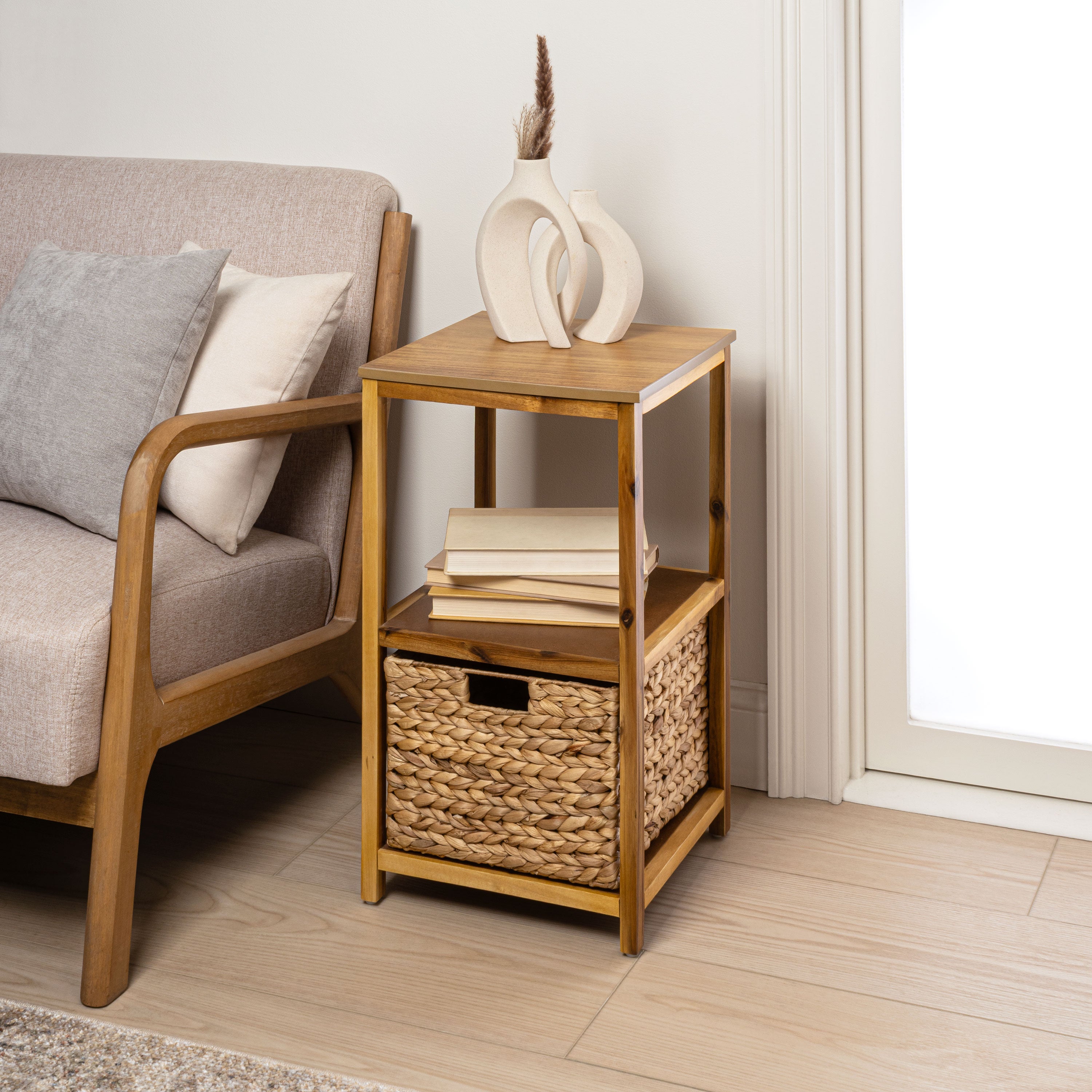 Cohen Coastal Bohemian Handcrafted Acacia Wood 2-Tier Storage Cabinet with 1 Water Hyacinth Woven Basket
