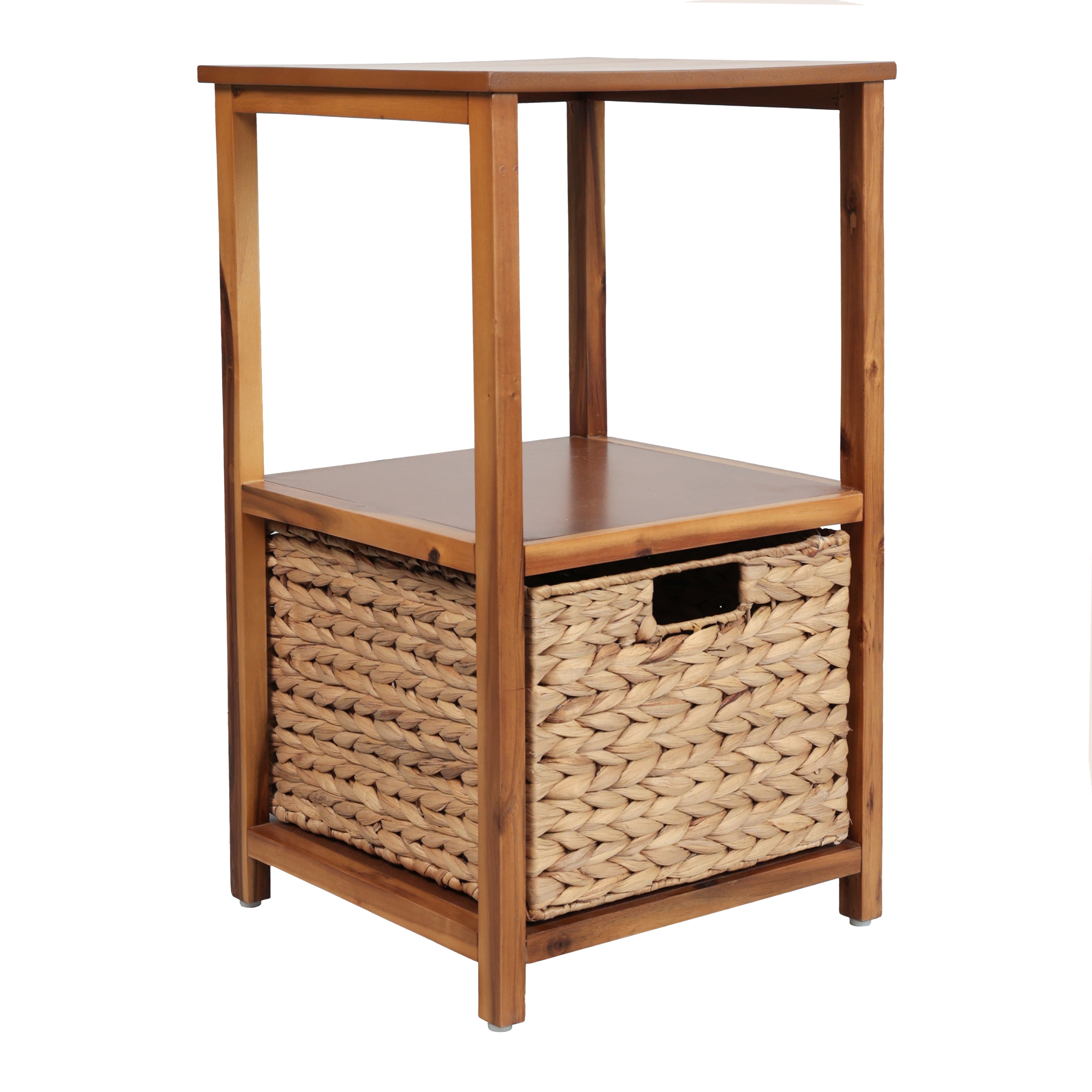 Cohen Coastal Bohemian Handcrafted Acacia Wood 2-Tier Storage Cabinet with 1 Water Hyacinth Woven Basket