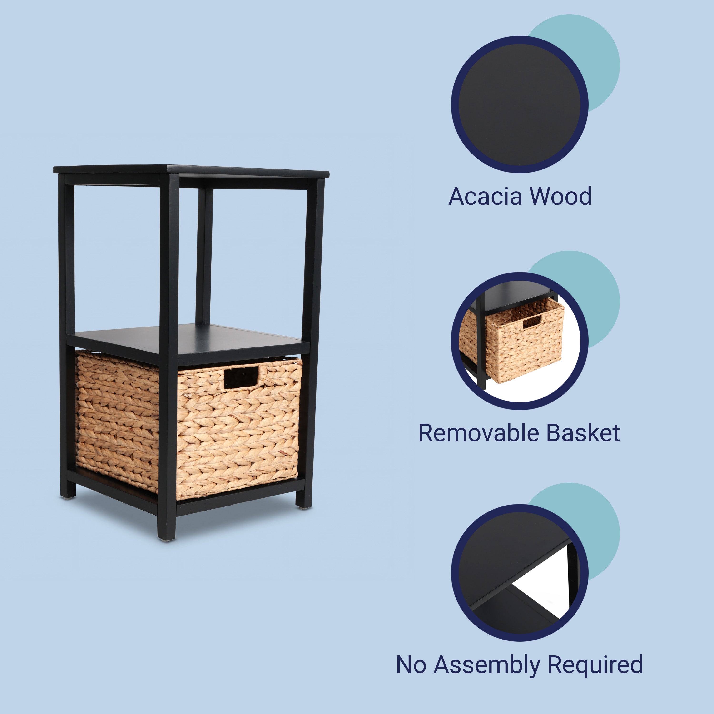 Cohen Coastal Bohemian Handcrafted Acacia Wood 2-Tier Storage Cabinet with 1 Water Hyacinth Woven Basket