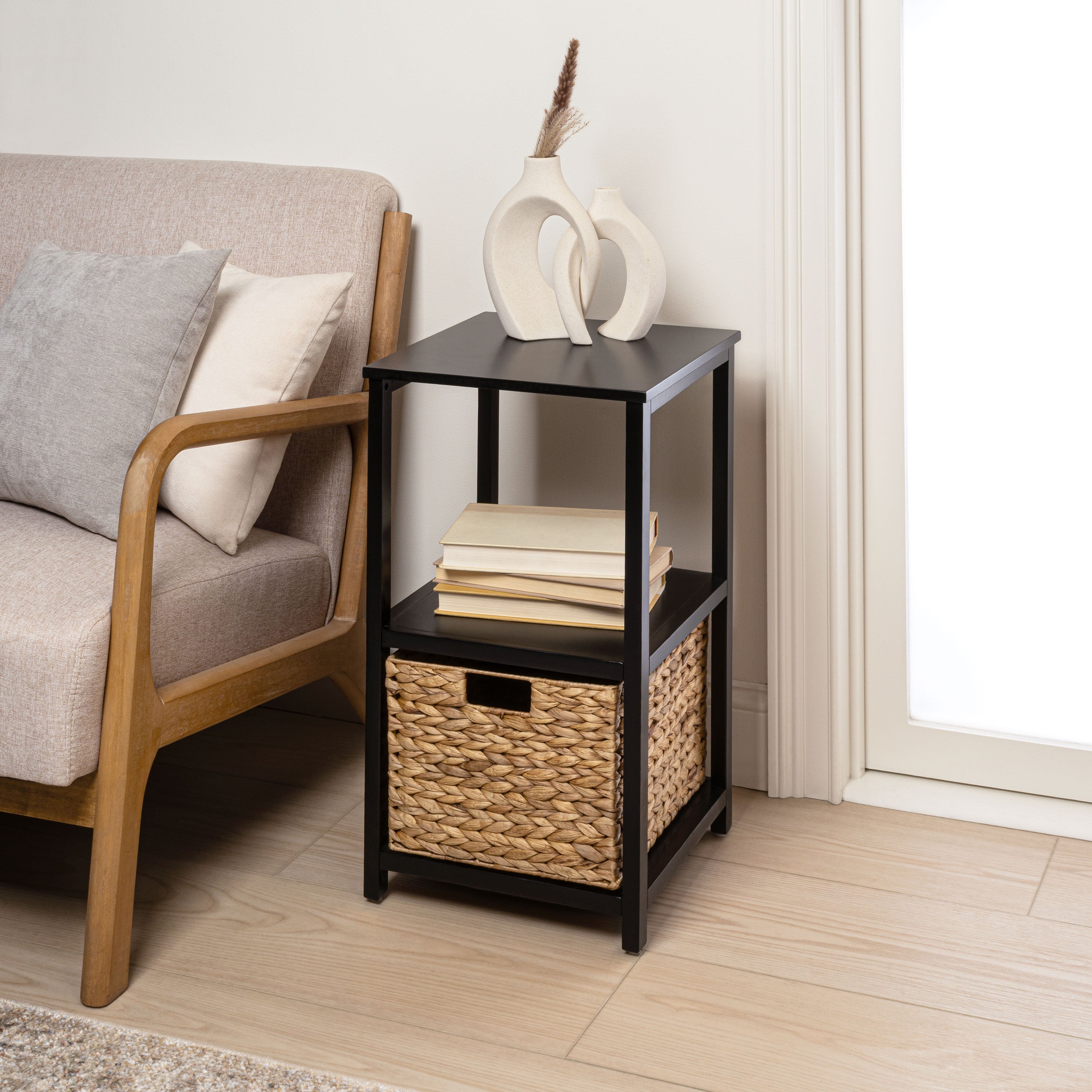 Cohen Coastal Bohemian Handcrafted Acacia Wood 2-Tier Storage Cabinet with 1 Water Hyacinth Woven Basket