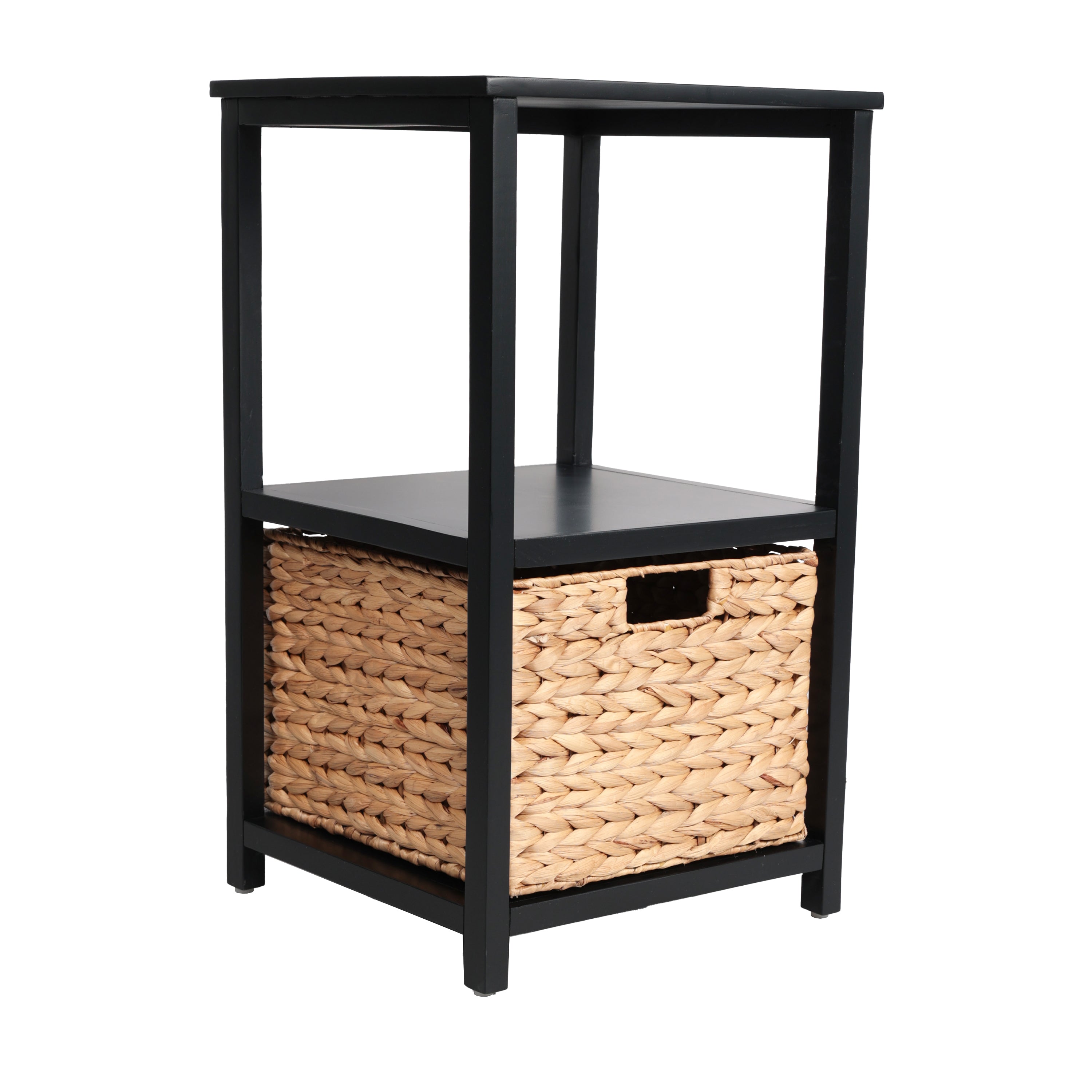 Cohen Coastal Bohemian Handcrafted Acacia Wood 2-Tier Storage Cabinet with 1 Water Hyacinth Woven Basket