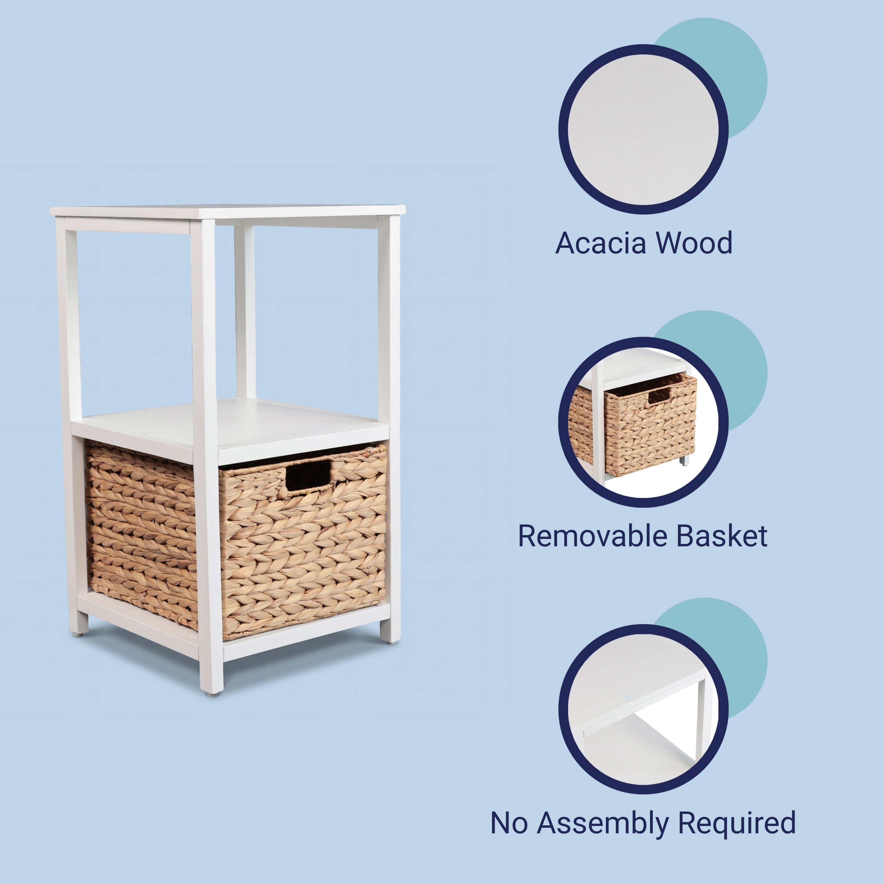 Cohen Coastal Bohemian Handcrafted Acacia Wood 2-Tier Storage Cabinet with 1 Water Hyacinth Woven Basket