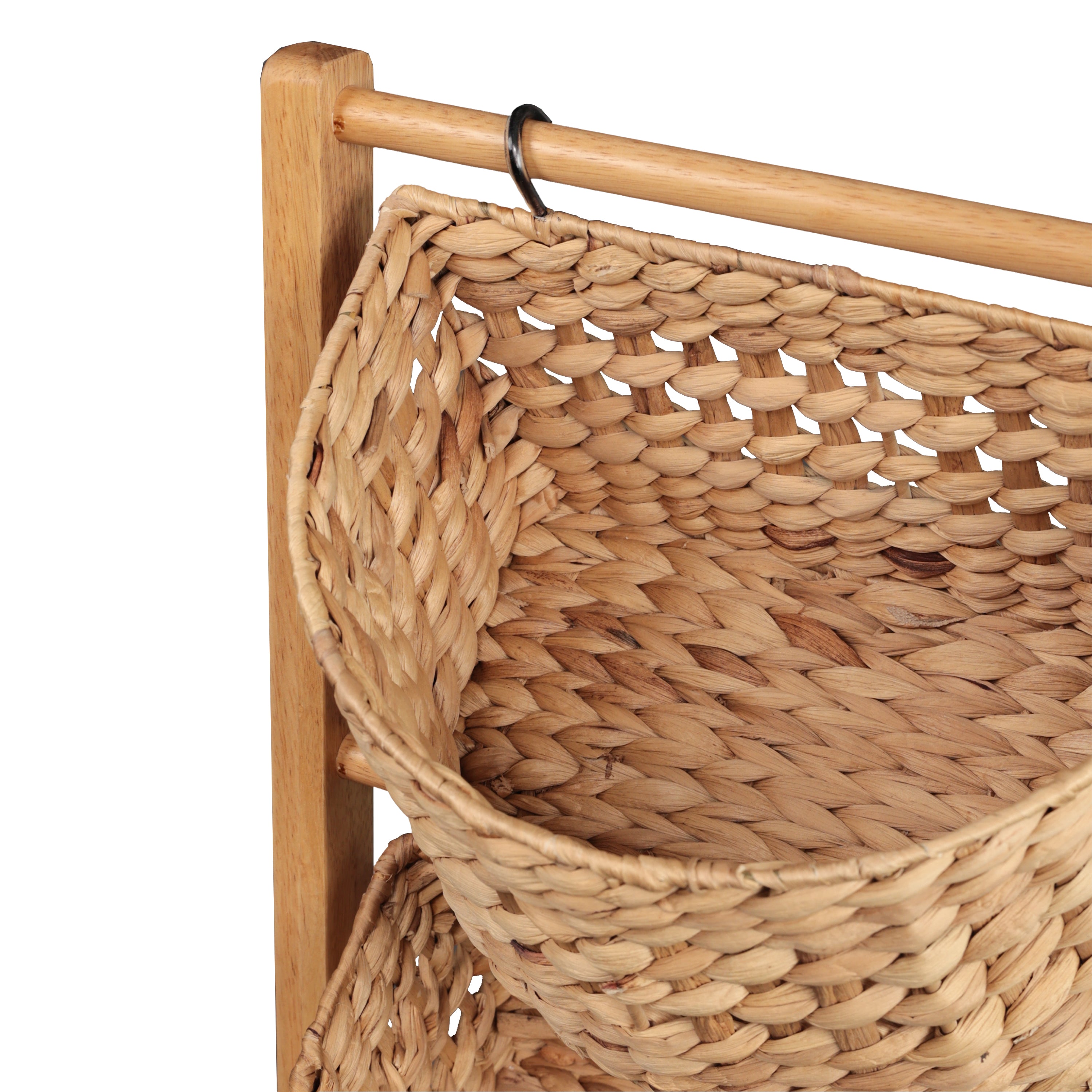 Havana Handcrafted Pine Wood 3-Tier Floor Stand with Water Hyacinth Baskets Storage Rack