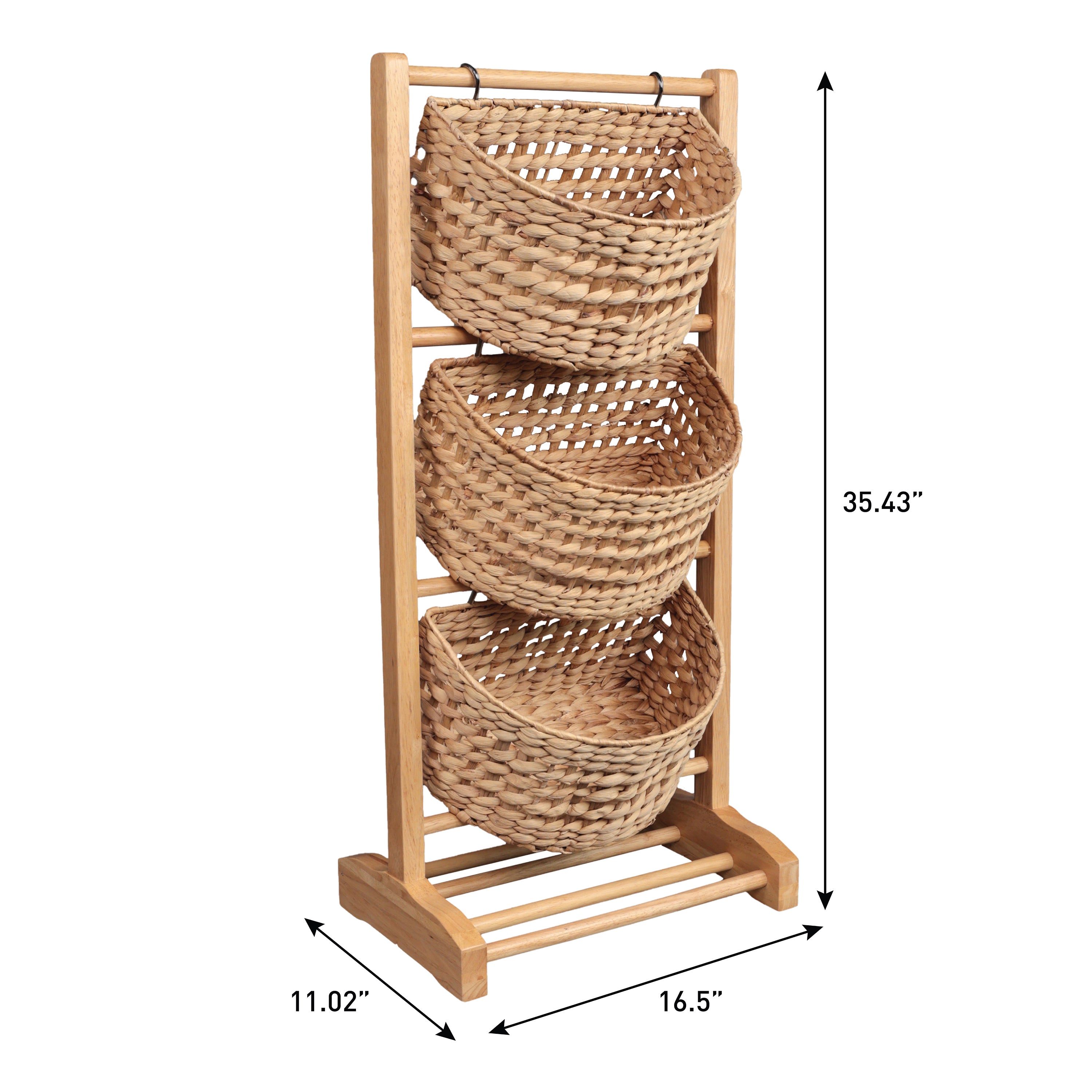 Havana Handcrafted Pine Wood 3-Tier Floor Stand with Water Hyacinth Baskets Storage Rack