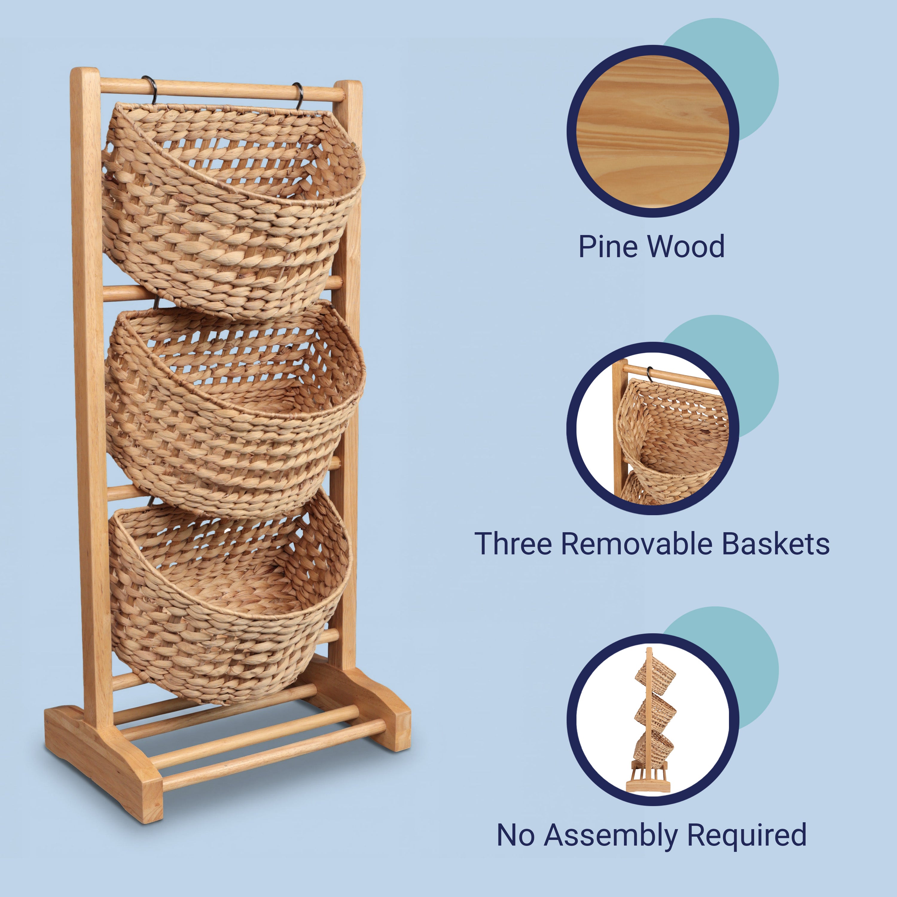 Havana Handcrafted Pine Wood 3-Tier Floor Stand with Water Hyacinth Baskets Storage Rack