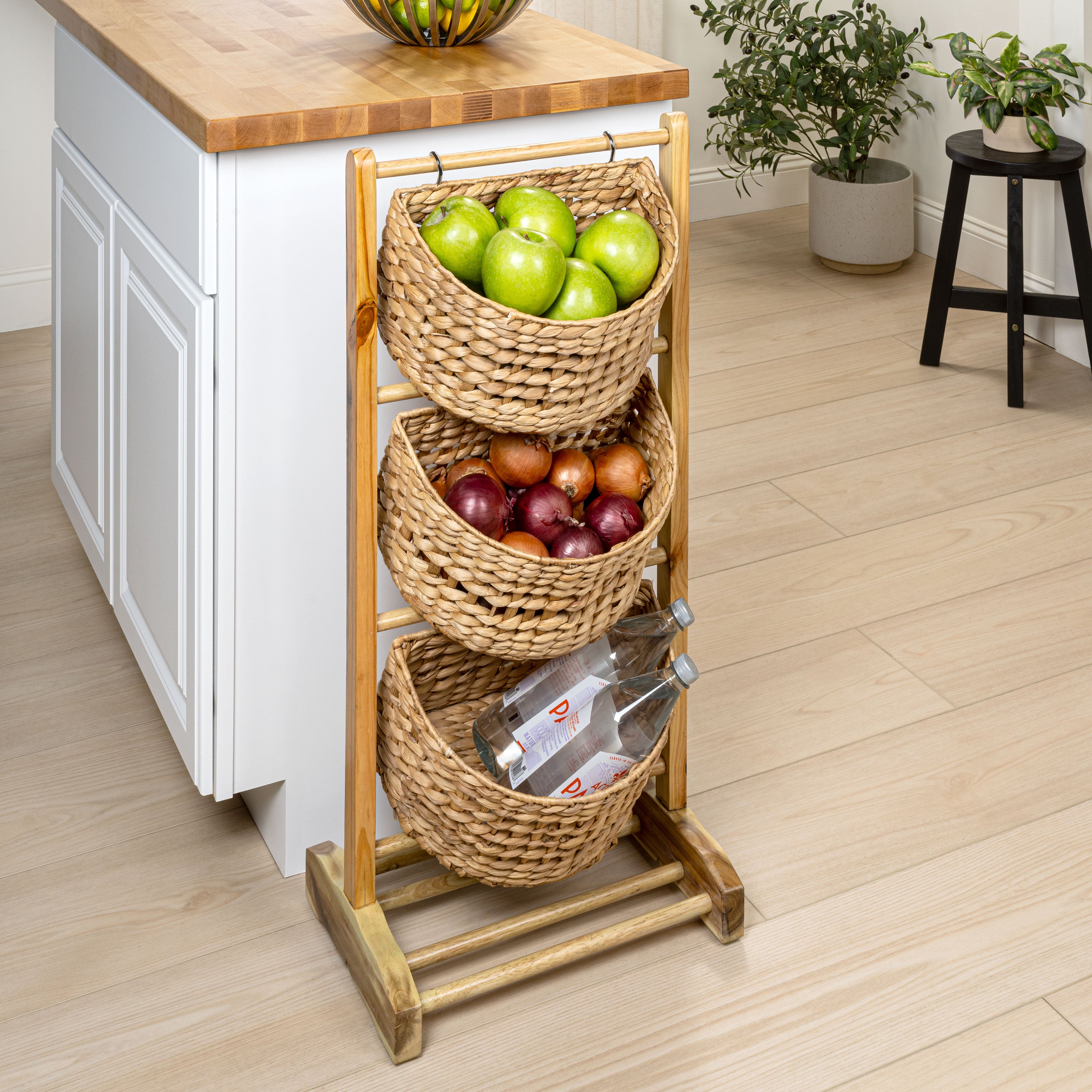 Havana Handcrafted Pine Wood 3-Tier Floor Stand with Water Hyacinth Baskets Storage Rack