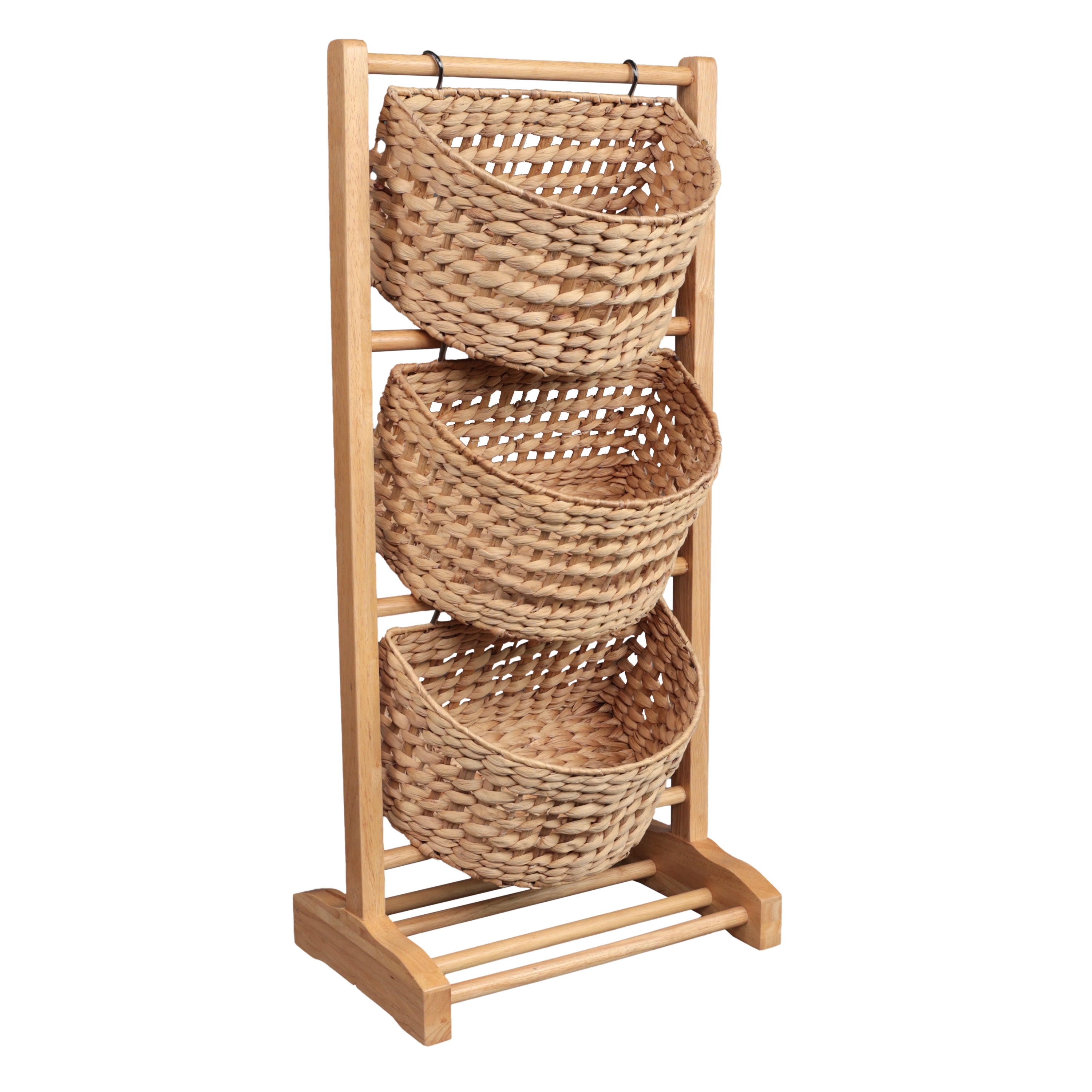 Havana Handcrafted Pine Wood 3-Tier Floor Stand with Water Hyacinth Baskets Storage Rack