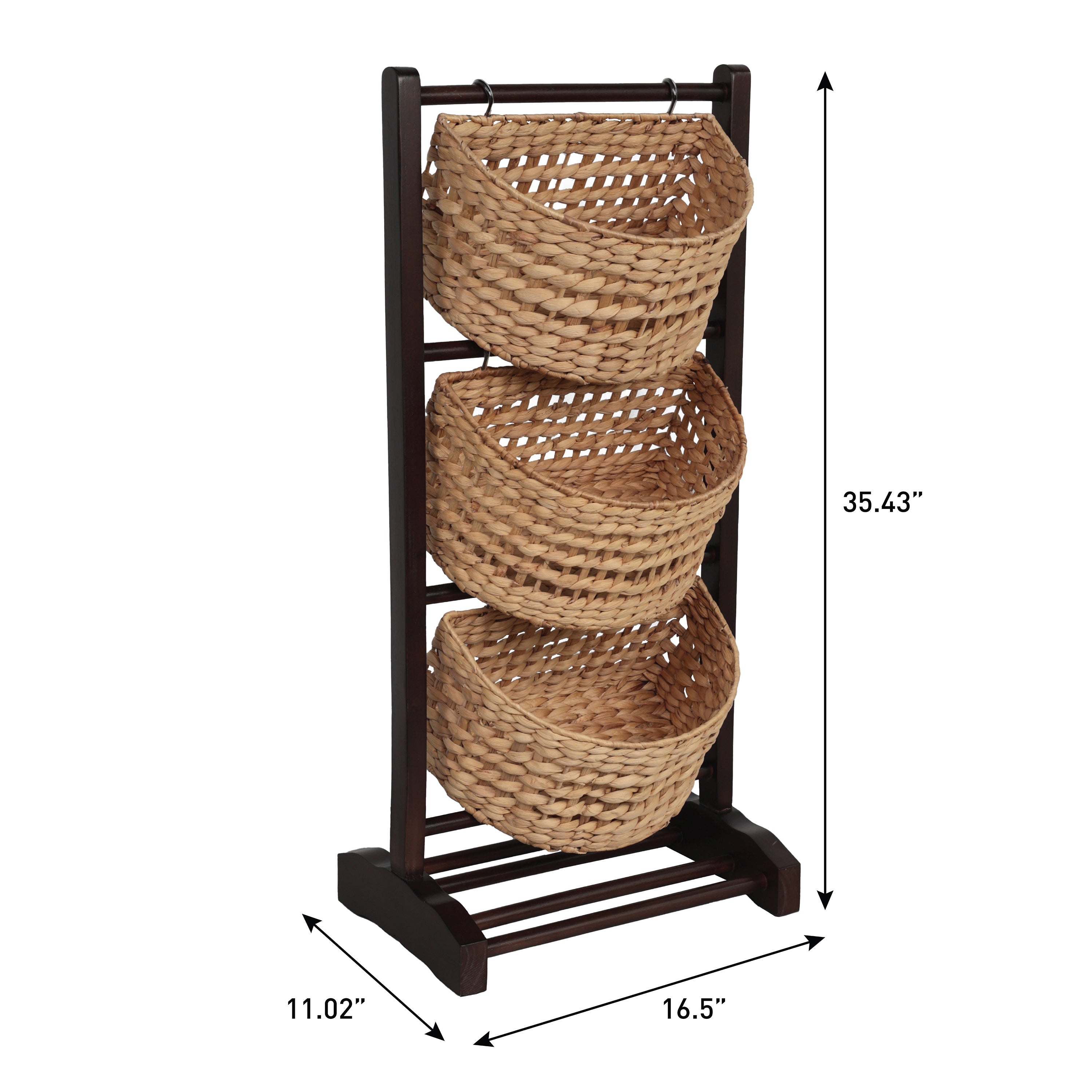 Havana Handcrafted Pine Wood 3-Tier Floor Stand with Water Hyacinth Baskets Storage Rack