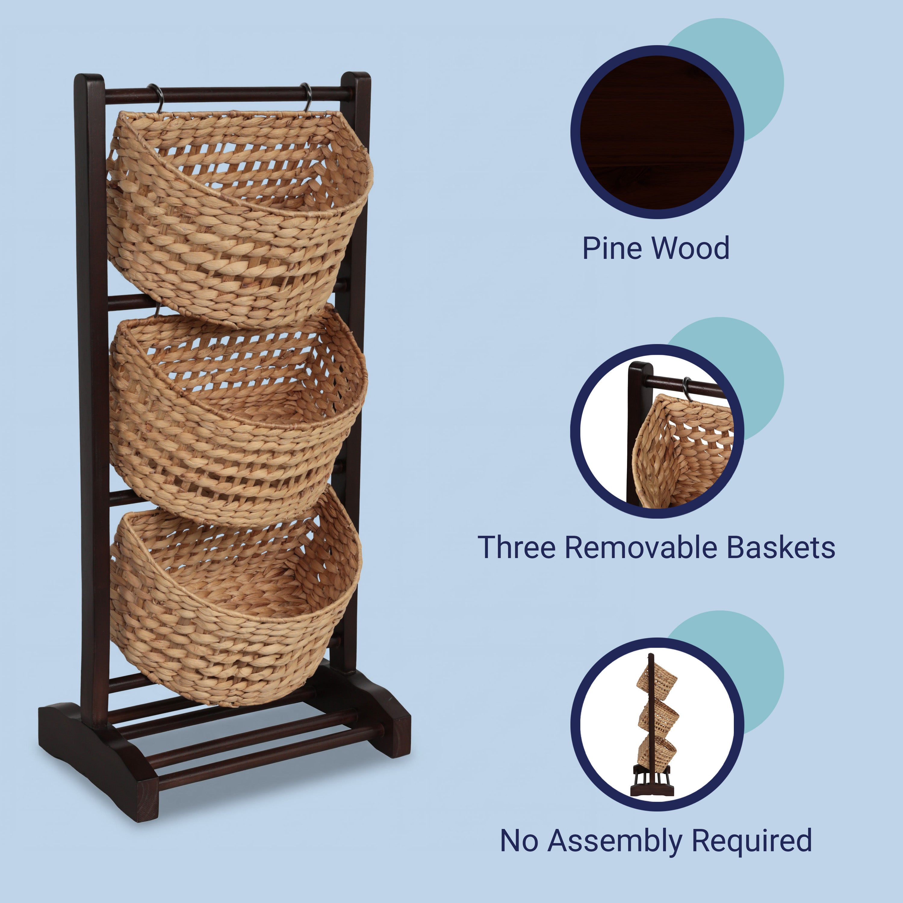 Havana Handcrafted Pine Wood 3-Tier Floor Stand with Water Hyacinth Baskets Storage Rack