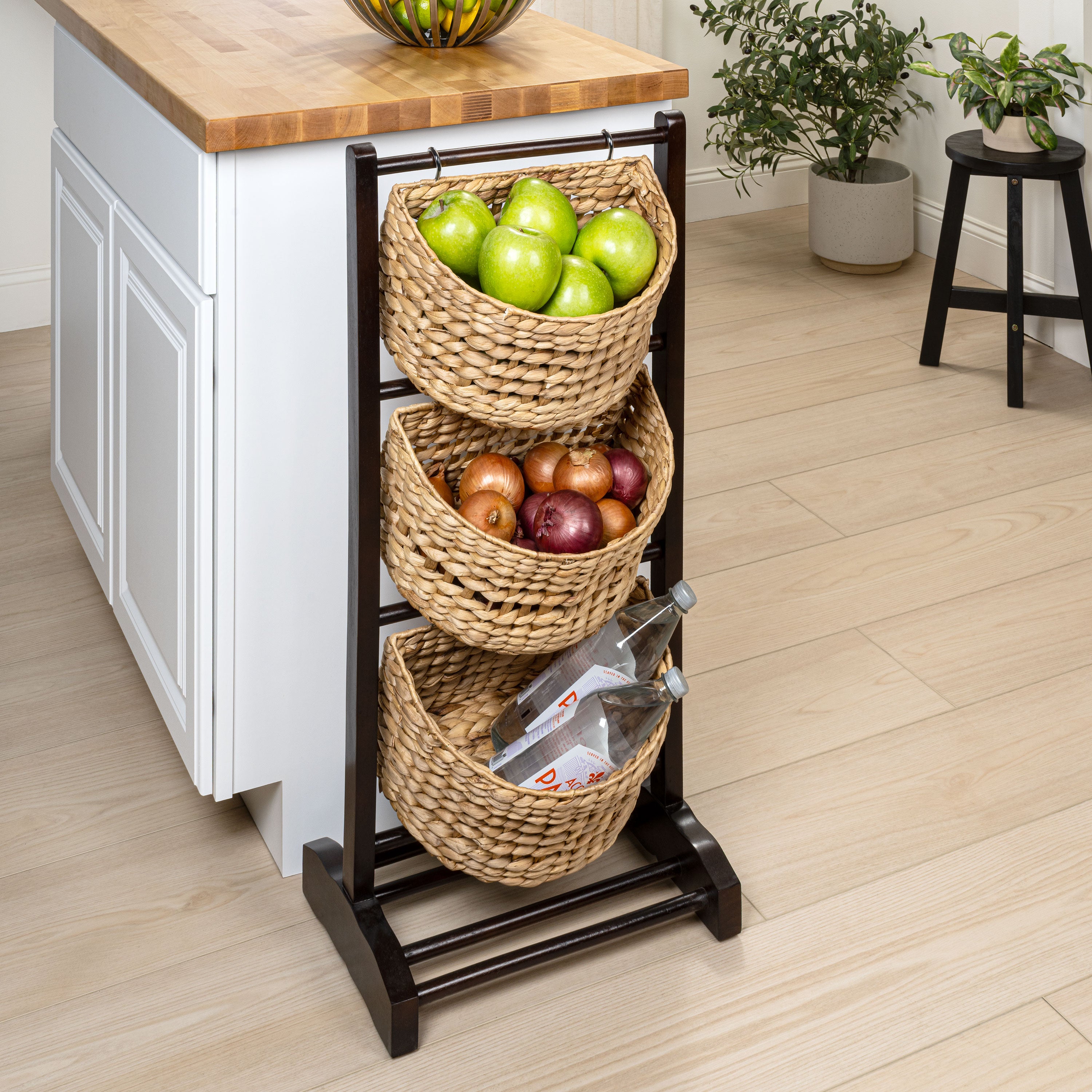 Havana Handcrafted Pine Wood 3-Tier Floor Stand with Water Hyacinth Baskets Storage Rack