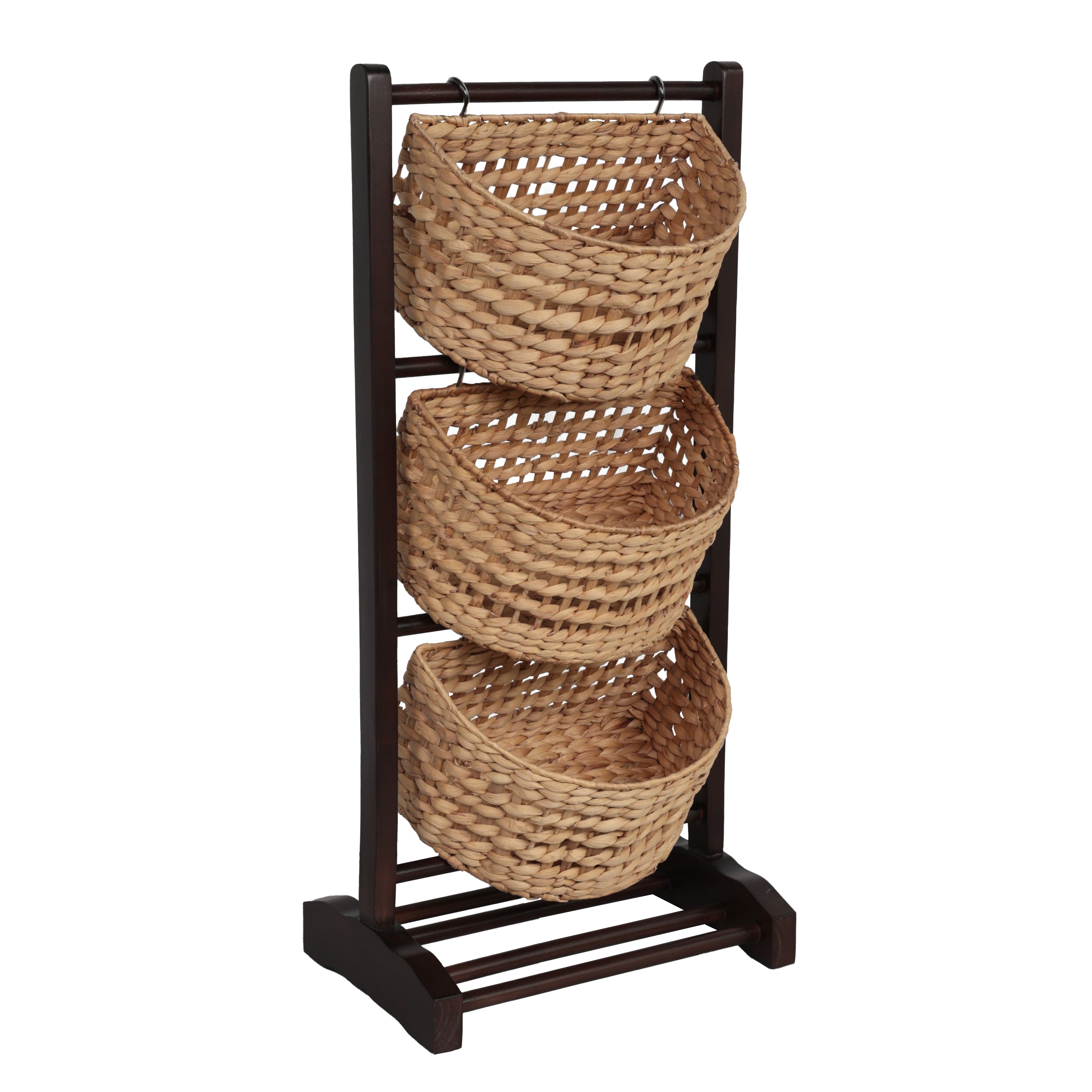 Havana Handcrafted Pine Wood 3-Tier Floor Stand with Water Hyacinth Baskets Storage Rack