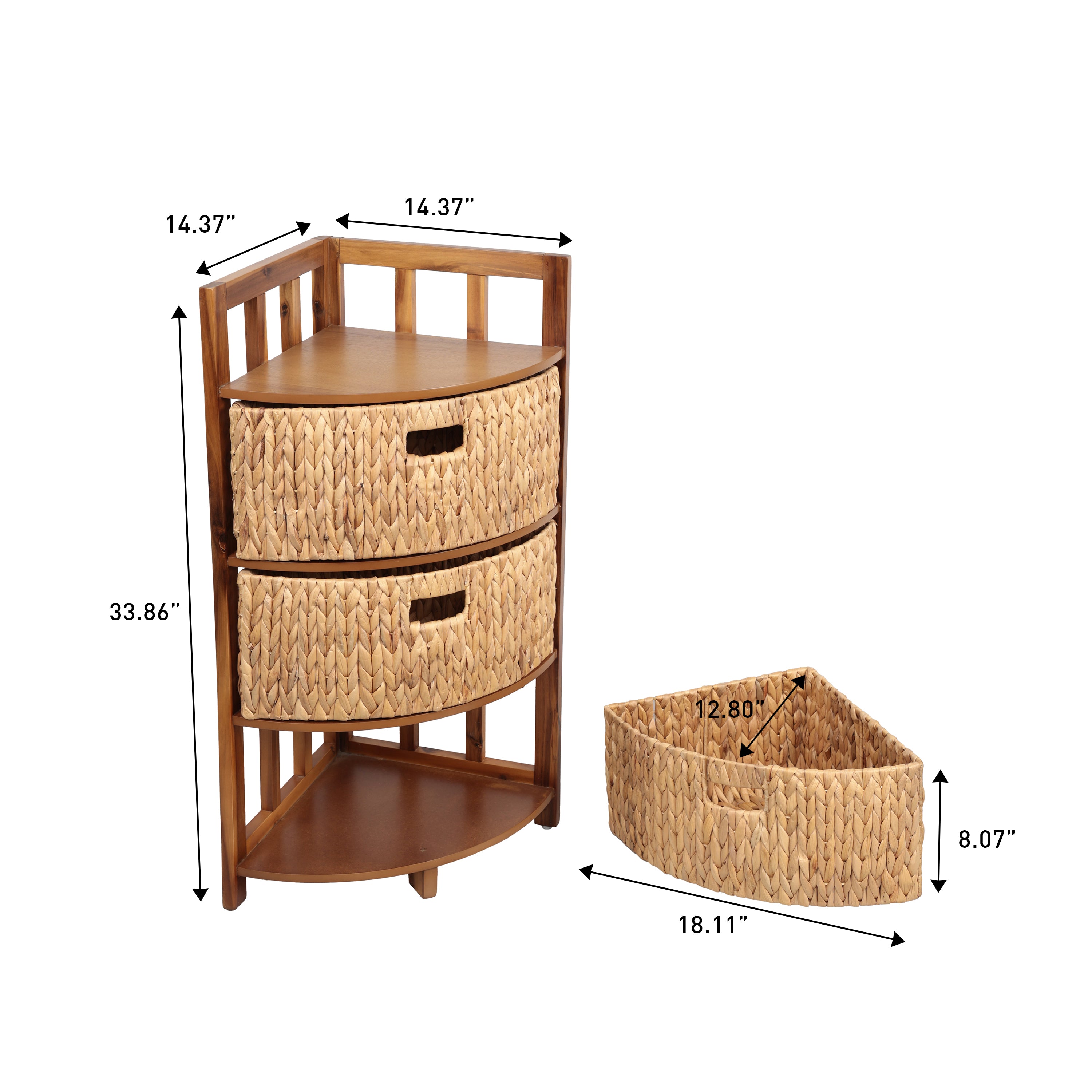 Quart Handcrafted Acacia Wood 3-Tier Corner Storage Cabinet with 3 Water Hyacinth Baskets