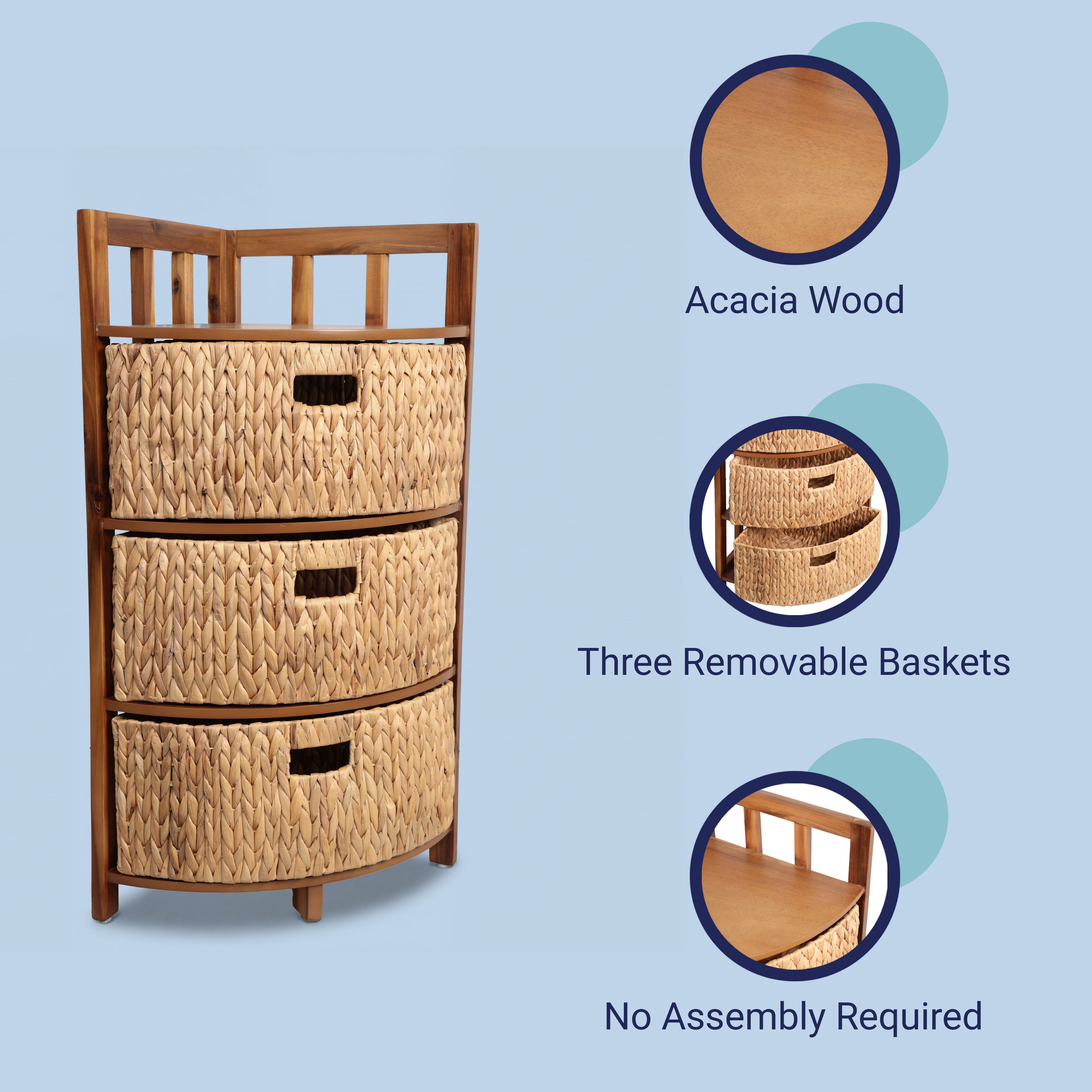 Quart Handcrafted Acacia Wood 3-Tier Corner Storage Cabinet with 3 Water Hyacinth Baskets