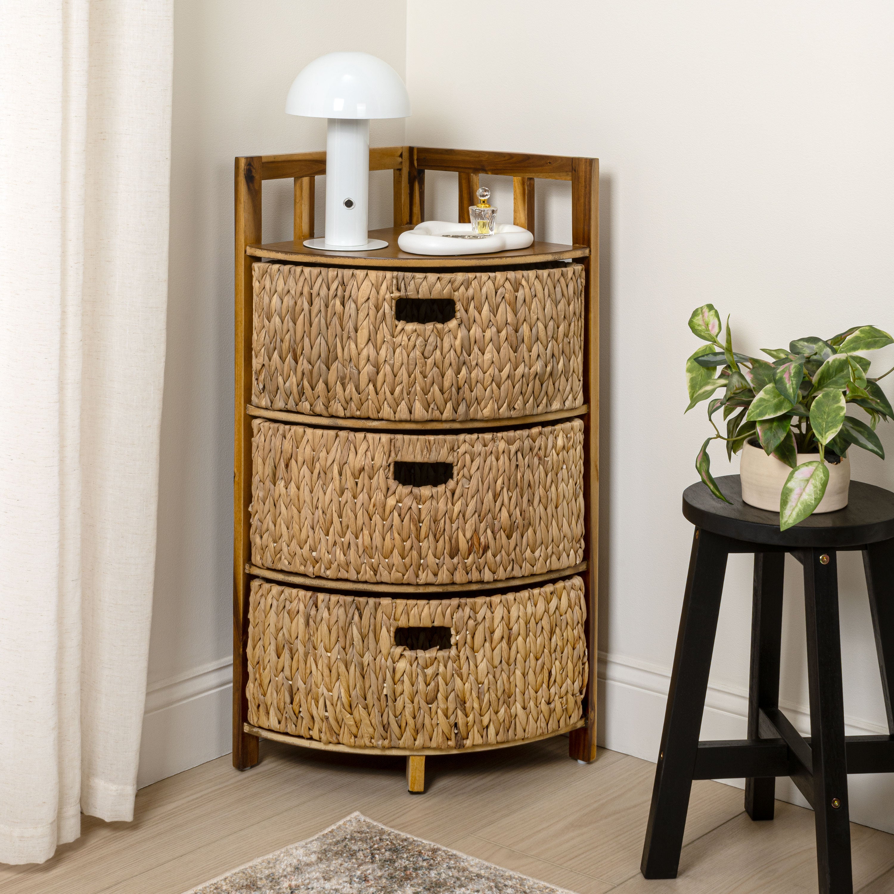 Quart Handcrafted Acacia Wood 3-Tier Corner Storage Cabinet with 3 Water Hyacinth Baskets