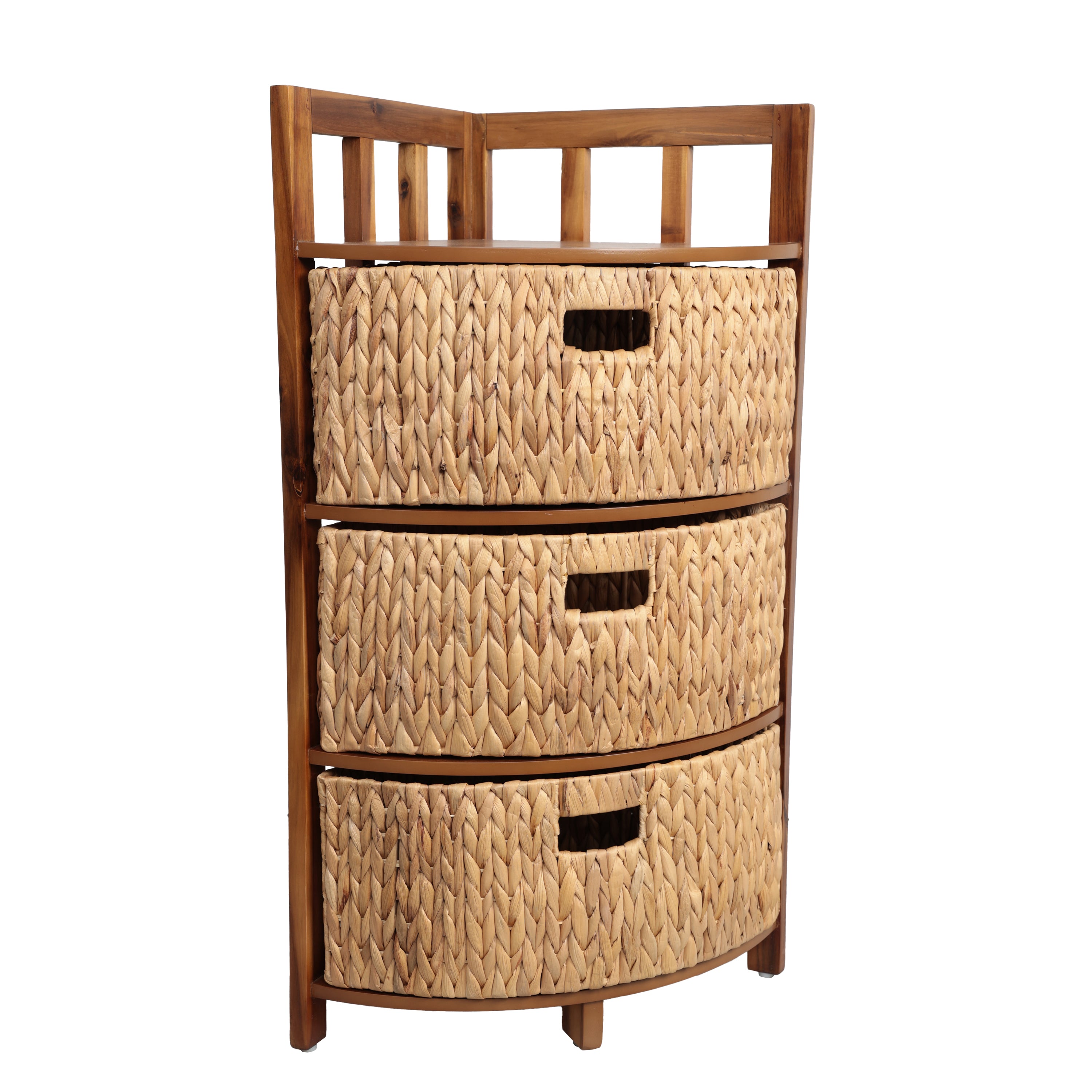 Quart Handcrafted Acacia Wood 3-Tier Corner Storage Cabinet with 3 Water Hyacinth Baskets