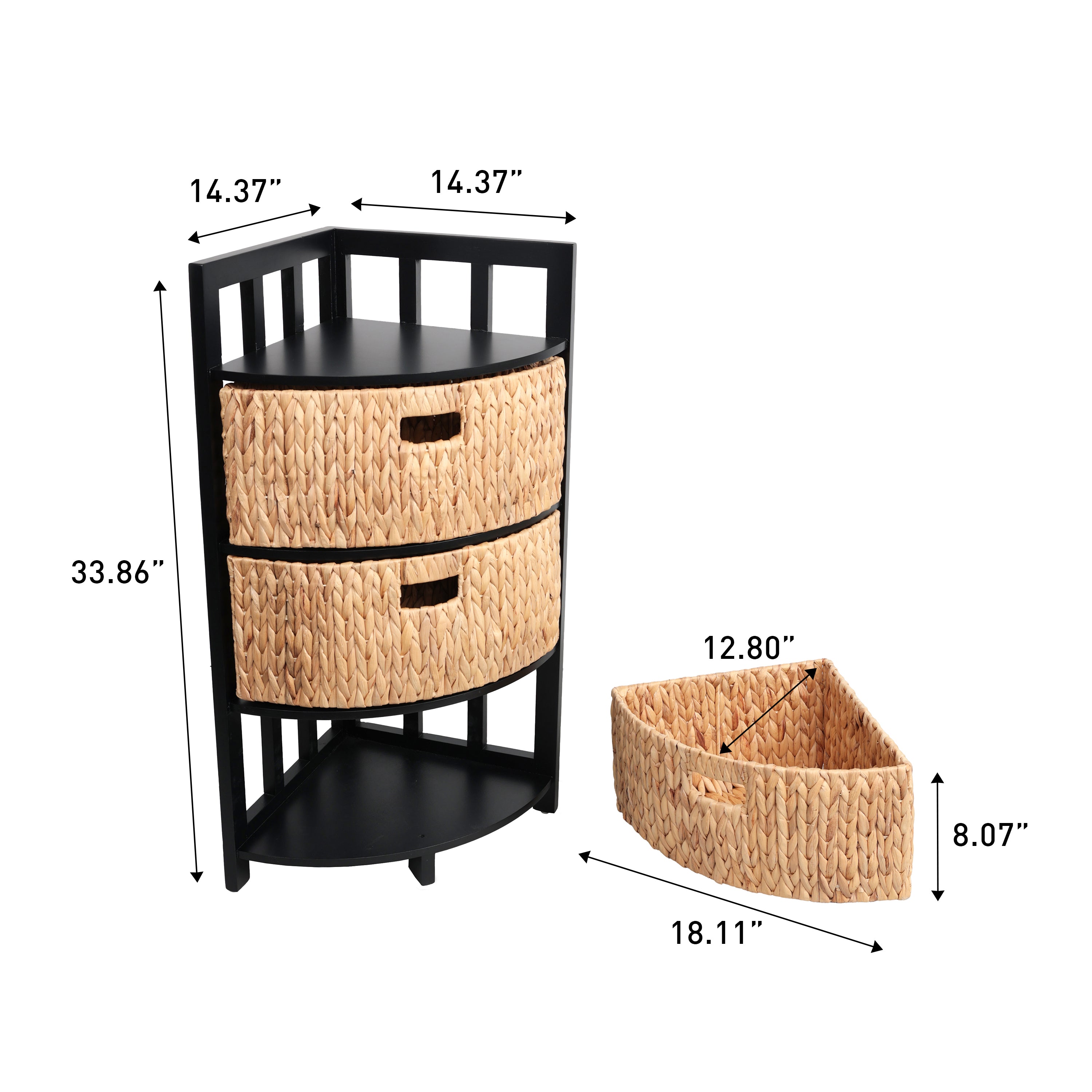 Quart Handcrafted Acacia Wood 3-Tier Corner Storage Cabinet with 3 Water Hyacinth Baskets