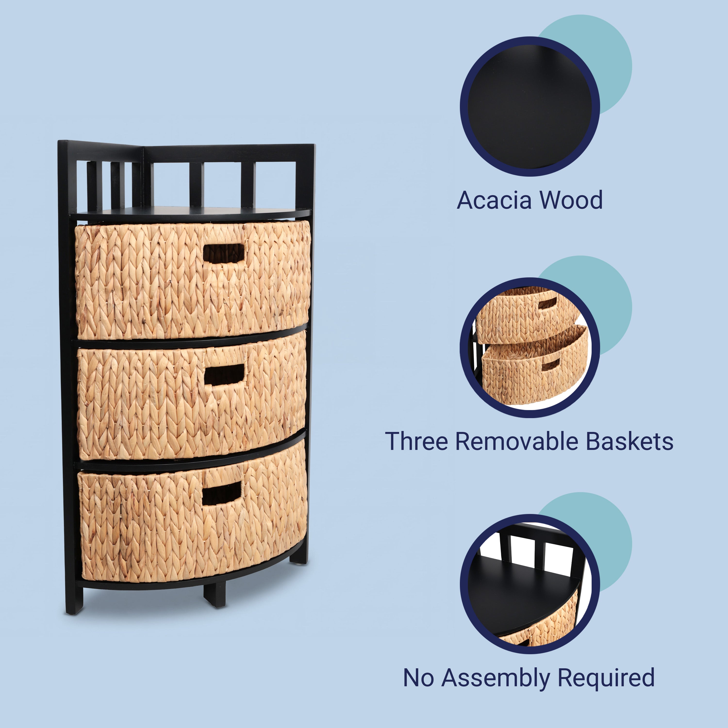 Quart Handcrafted Acacia Wood 3-Tier Corner Storage Cabinet with 3 Water Hyacinth Baskets