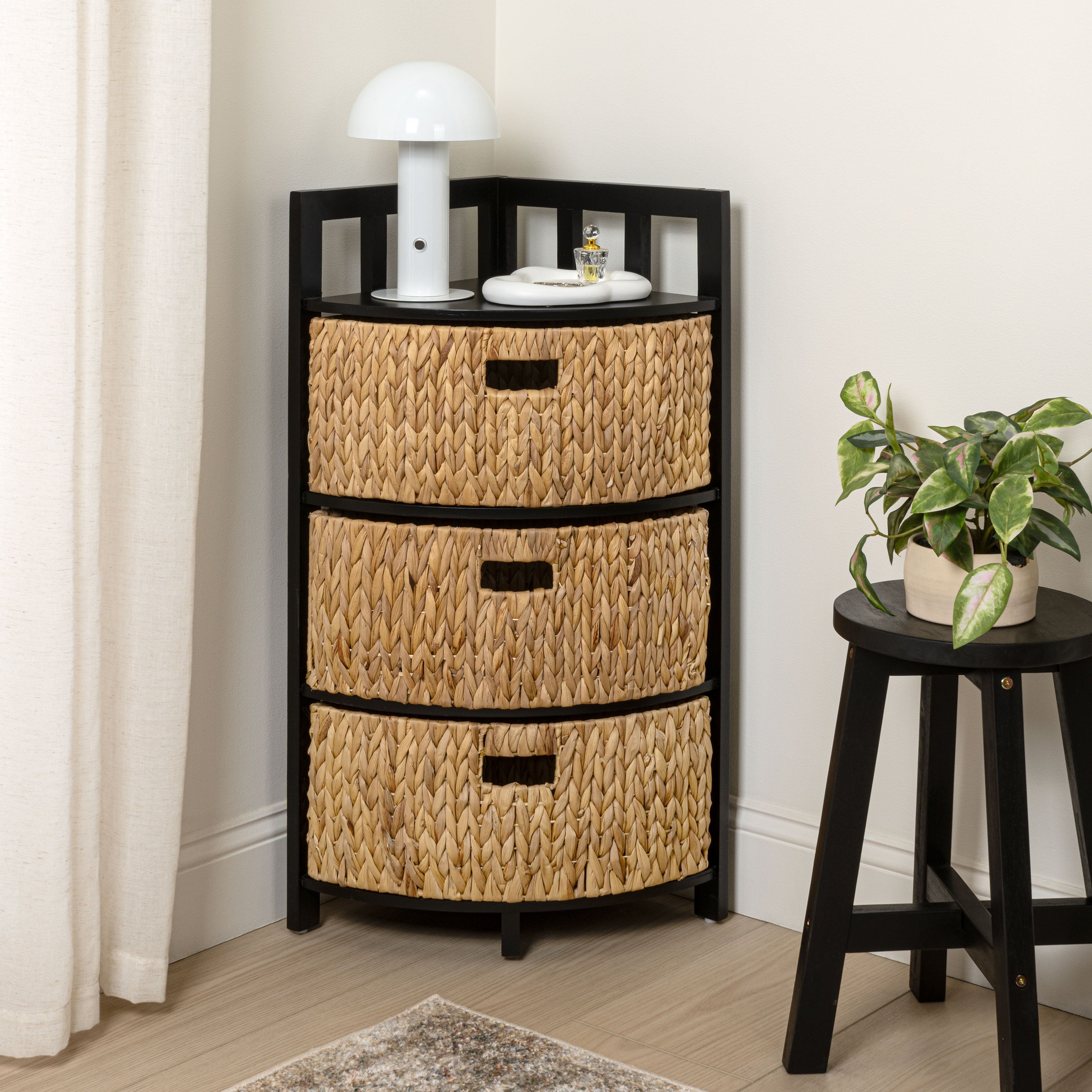 Quart Handcrafted Acacia Wood 3-Tier Corner Storage Cabinet with 3 Water Hyacinth Baskets
