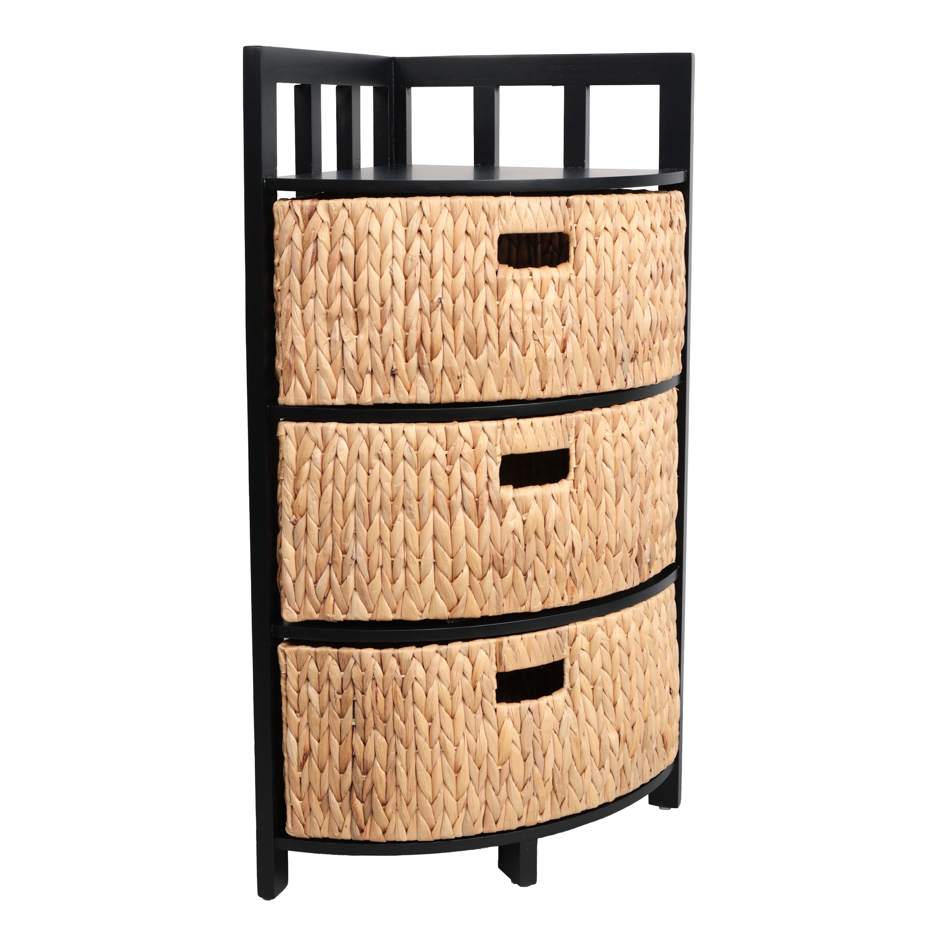 Quart Handcrafted Acacia Wood 3-Tier Corner Storage Cabinet with 3 Water Hyacinth Baskets