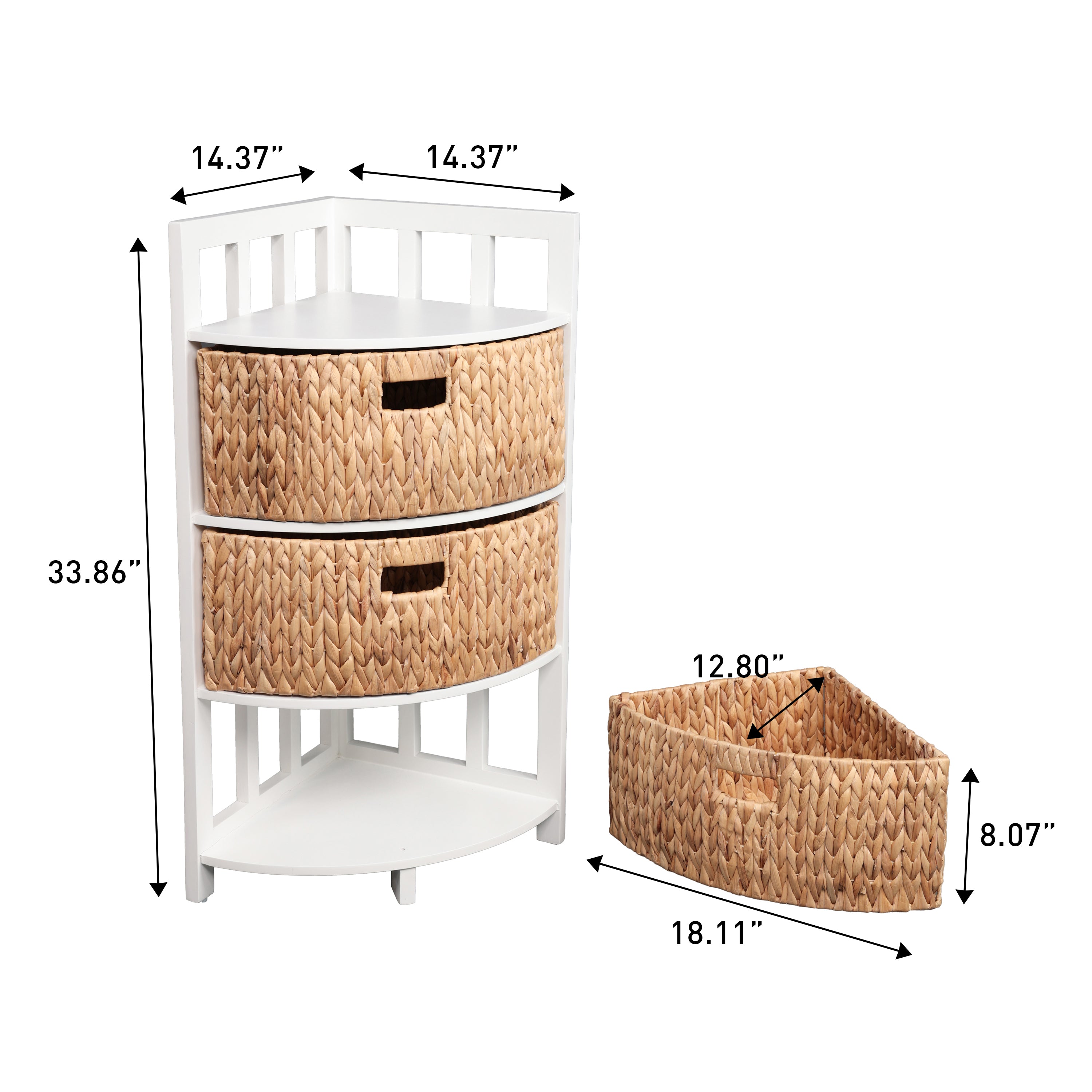 Quart Handcrafted Acacia Wood 3-Tier Corner Storage Cabinet with 3 Water Hyacinth Baskets