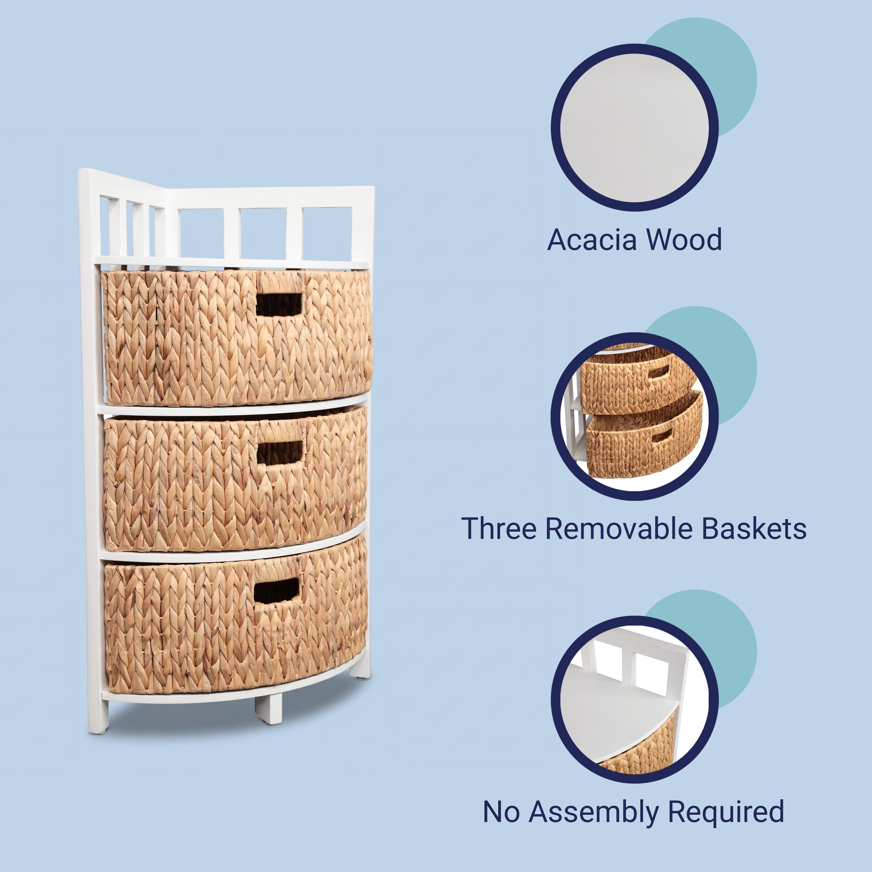Quart Handcrafted Acacia Wood 3-Tier Corner Storage Cabinet with 3 Water Hyacinth Baskets