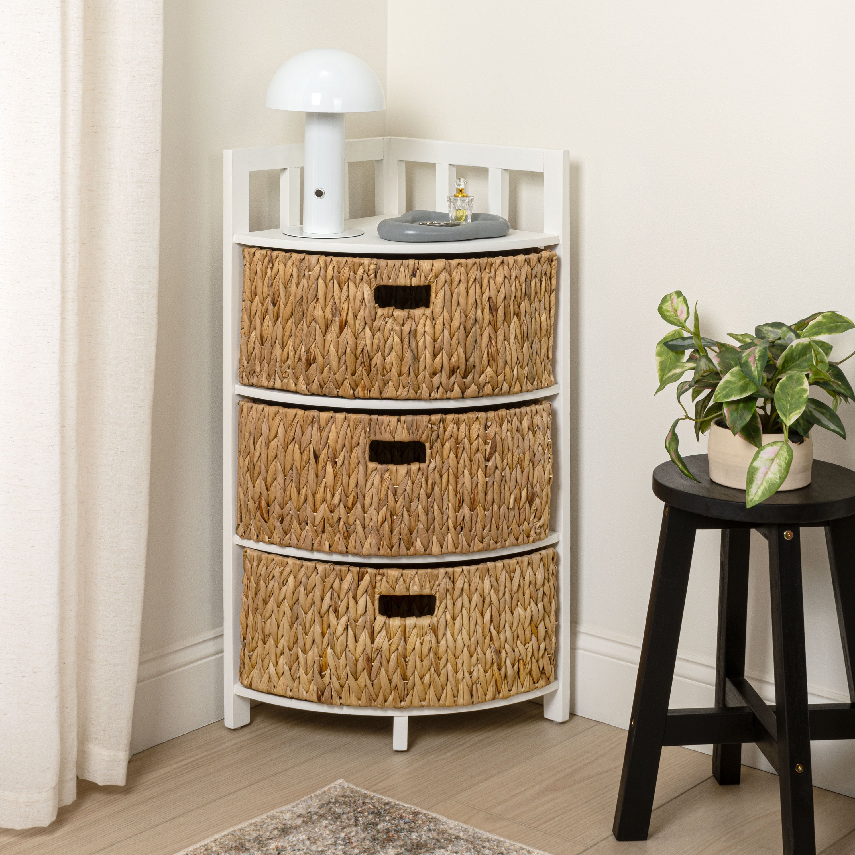 Quart Handcrafted Acacia Wood 3-Tier Corner Storage Cabinet with 3 Water Hyacinth Baskets