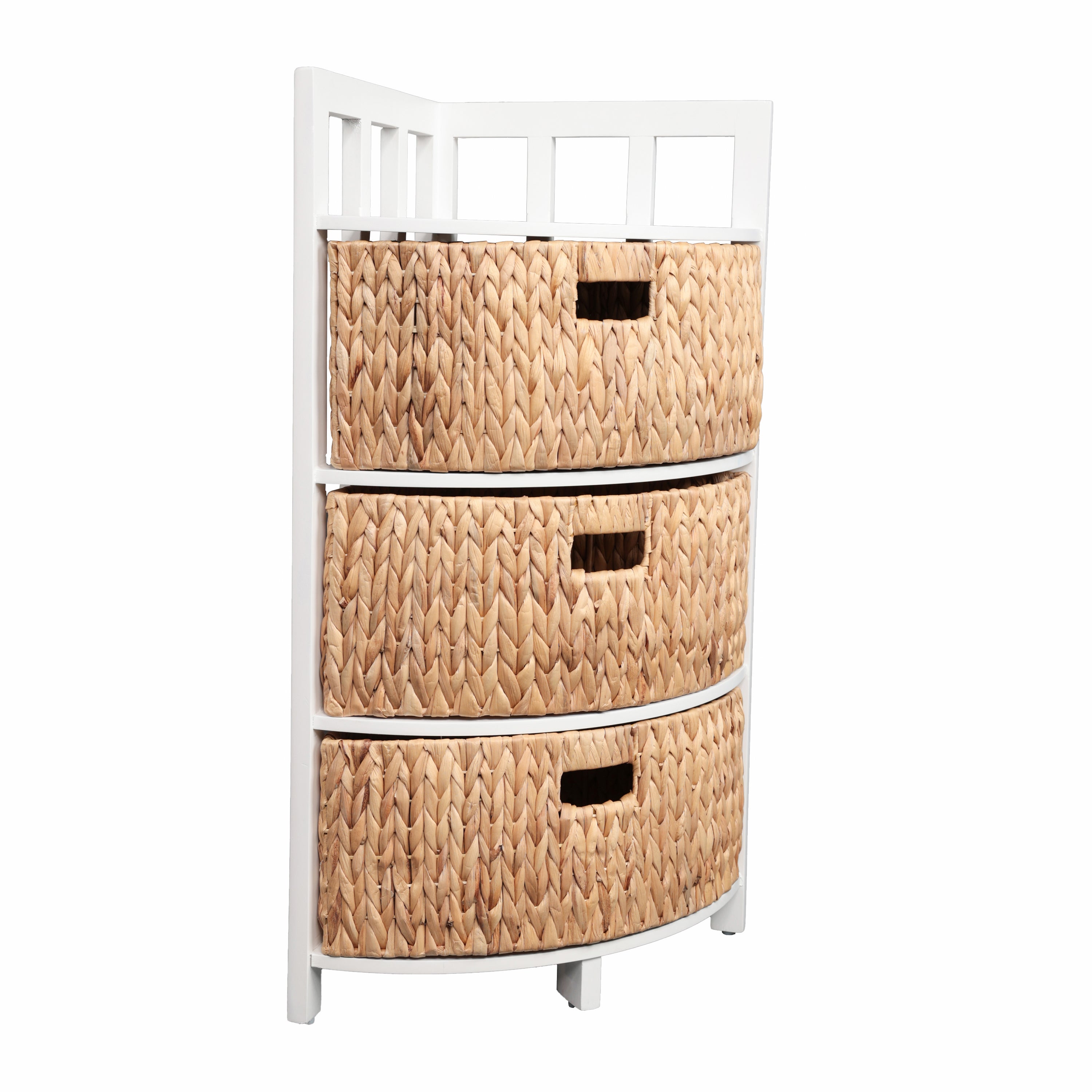 Quart Handcrafted Acacia Wood 3-Tier Corner Storage Cabinet with 3 Water Hyacinth Baskets