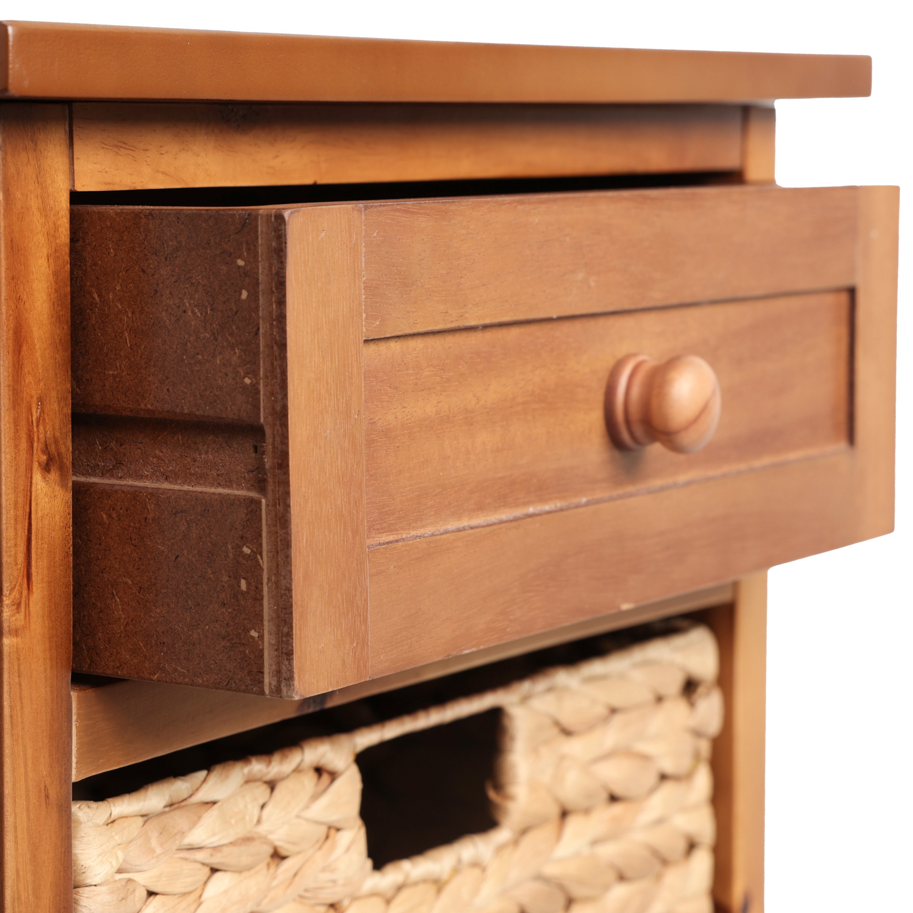 Malibu Rustic Handcrafted Water Hyacinth and Acacia Wood Accent Storage Nightstand with Drawer and 2 Woven Baskets