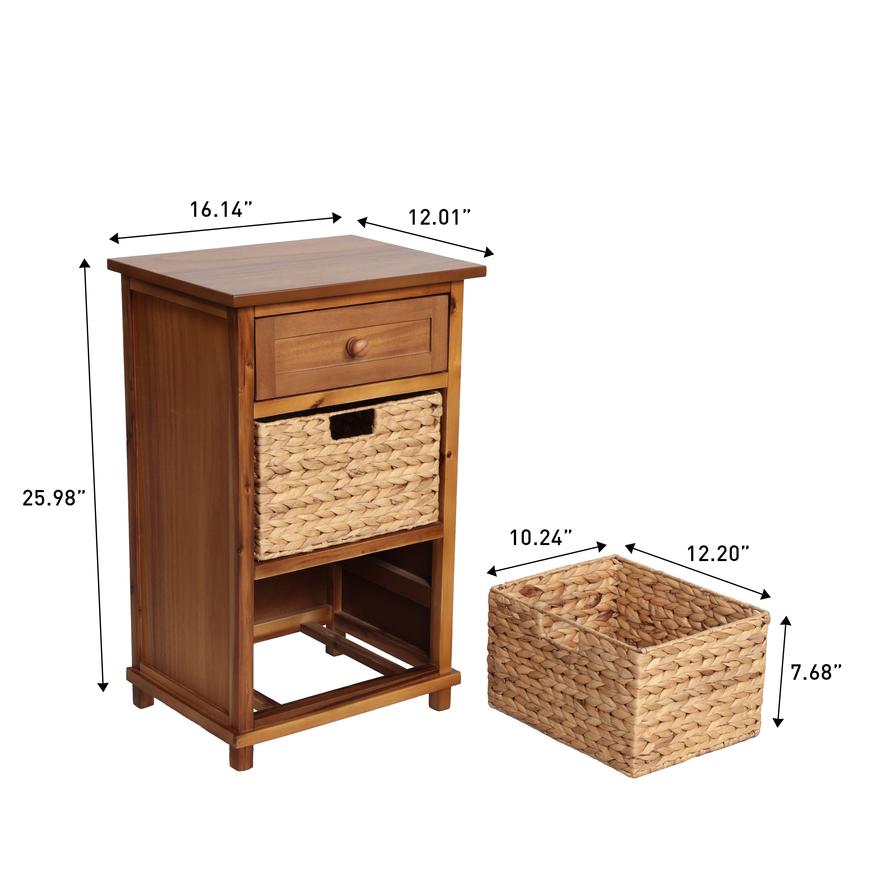 Malibu Rustic Handcrafted Water Hyacinth and Acacia Wood Accent Storage Nightstand with Drawer and 2 Woven Baskets