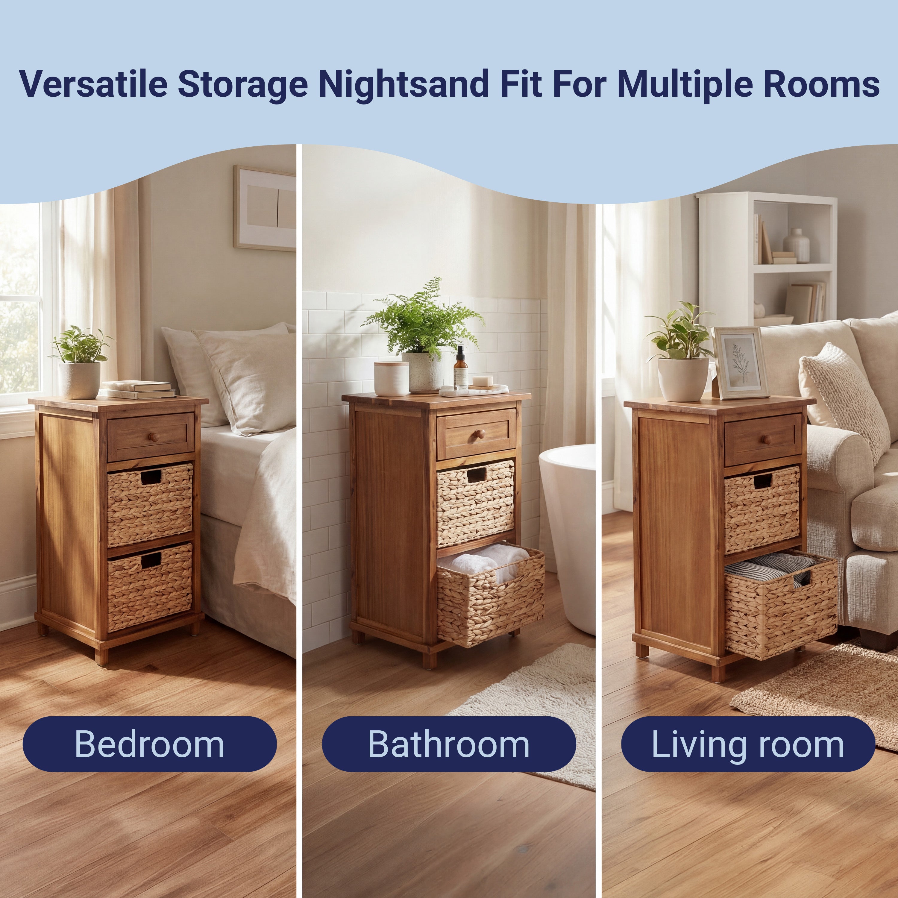 Malibu Rustic Handcrafted Water Hyacinth and Acacia Wood Accent Storage Nightstand with Drawer and 2 Woven Baskets