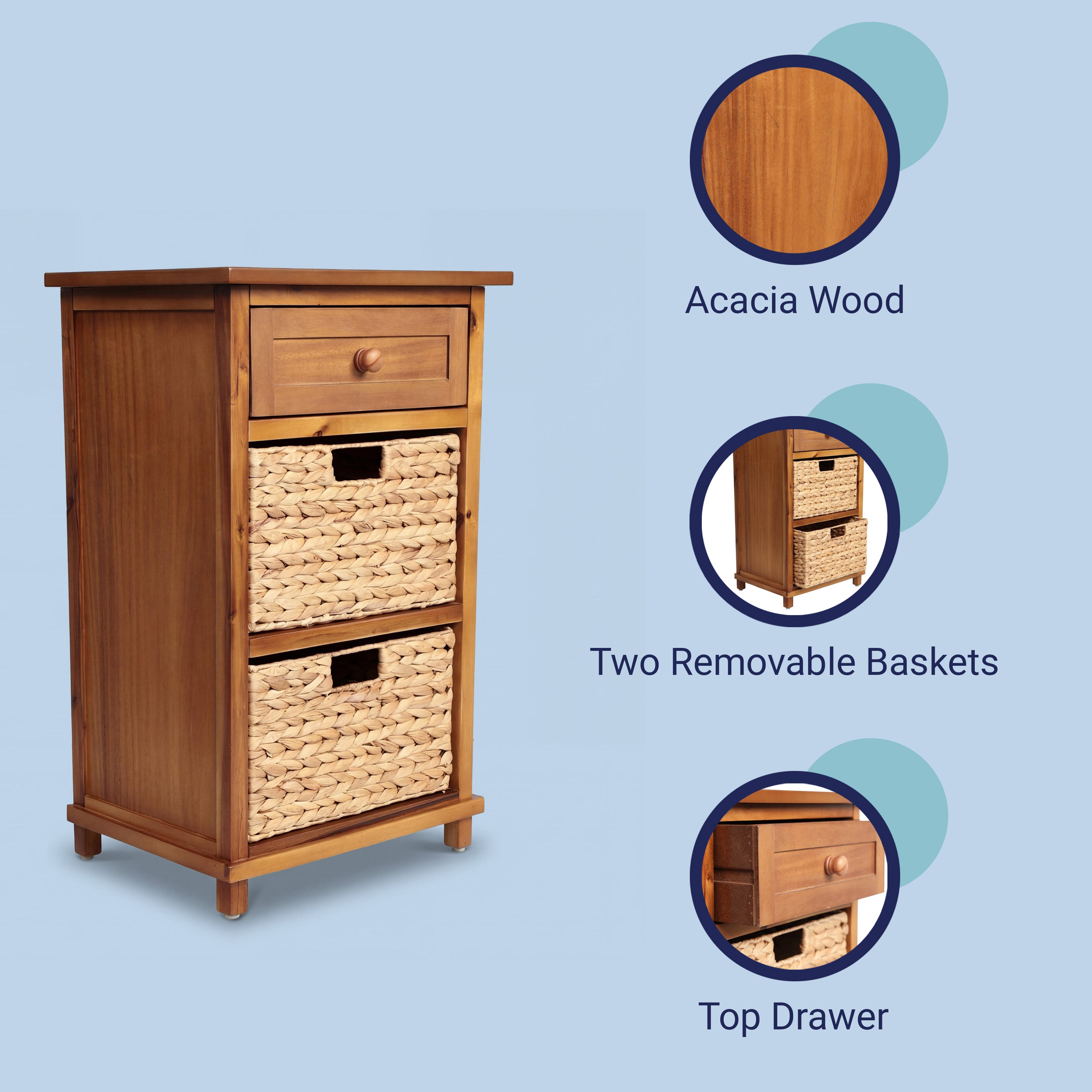 Malibu Rustic Handcrafted Water Hyacinth and Acacia Wood Accent Storage Nightstand with Drawer and 2 Woven Baskets